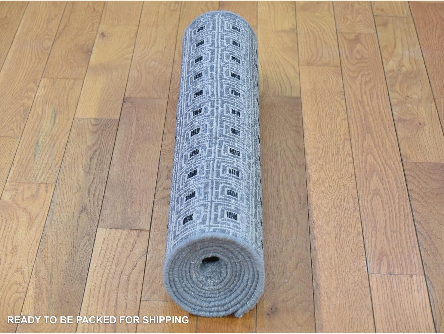 Ivory Modern with Squares Design Pure Silk with Textured Wool Hand Knotted Runner Oriental Rug (2'8"x8'1")