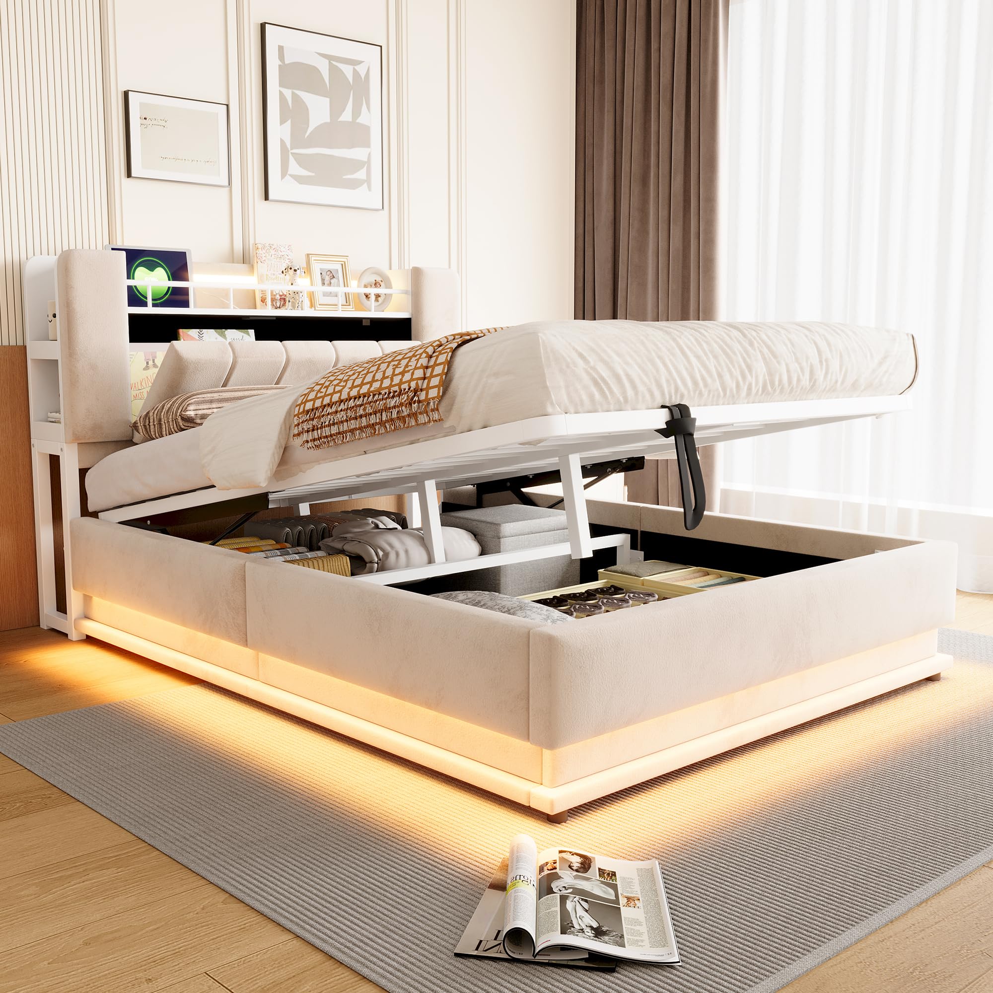Cama tapizada inteligente de 140 x 200 cm con iluminación LED, USB y almacenamiento hidráulico, funda de terciopelo suave y marco de metal, color beige