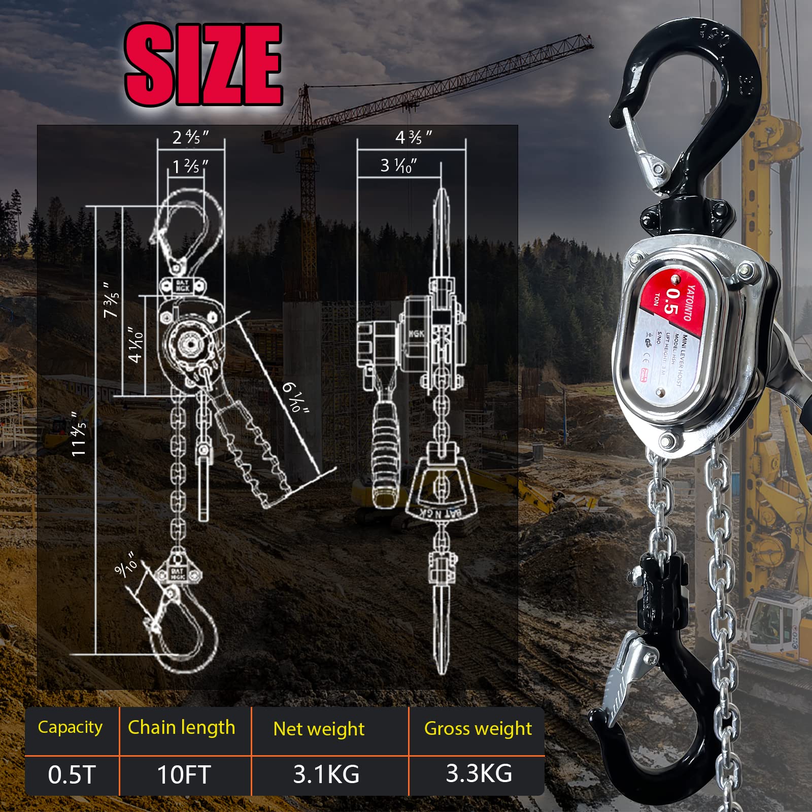 YATOINTO 1/2 Ton 599 kg Chrome Mini Leva Block, 3M 5Ft Come Along Manuale Paranco a Catena, Acciaio G80 Estrattore Paranco con Gancio per Costruzione