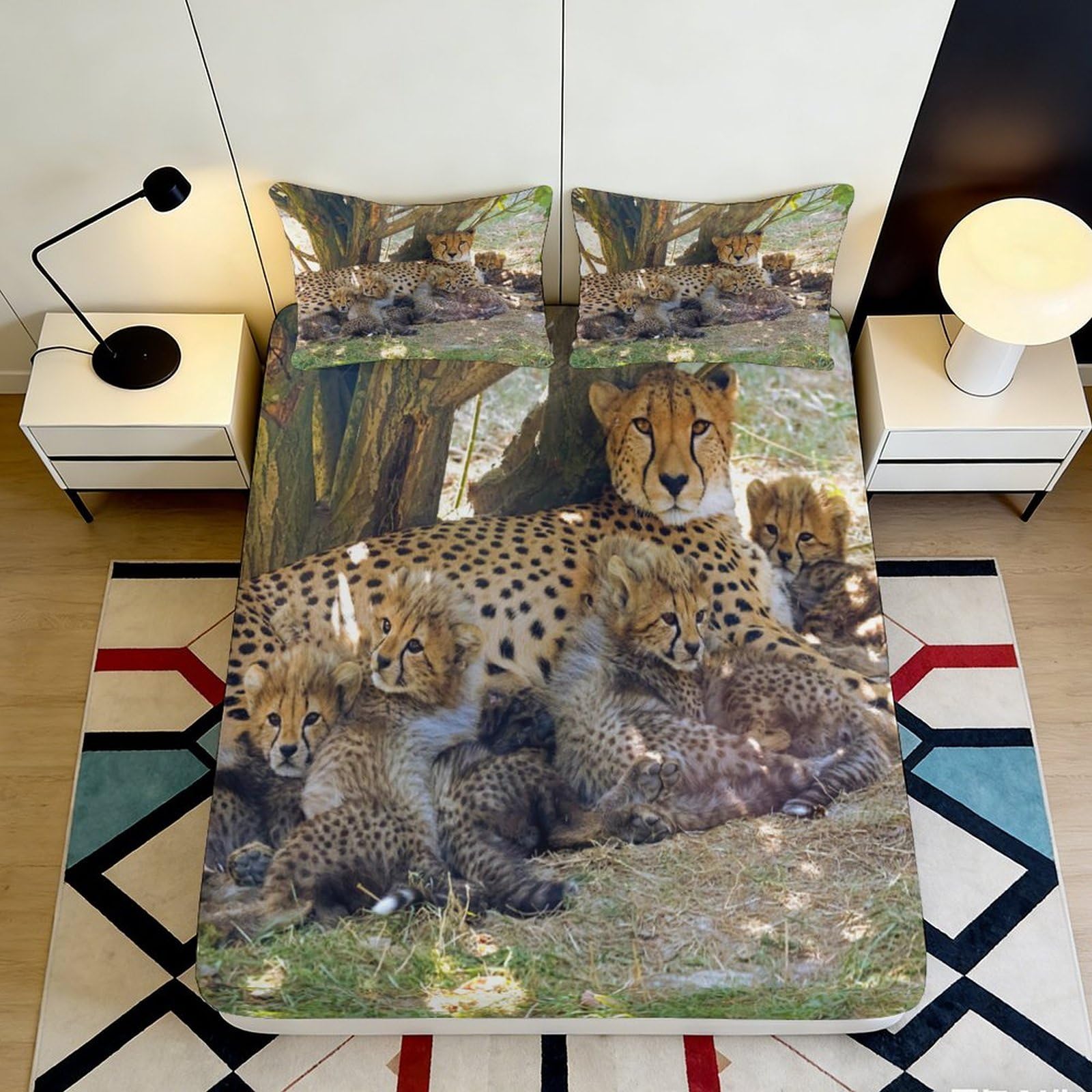 3D Printed Cheetah Family Fitted Sheet Microfiber Soft Breathable Wildlife Safari Bed Cover for Bedroom Dorm Decor 90x200x25cm