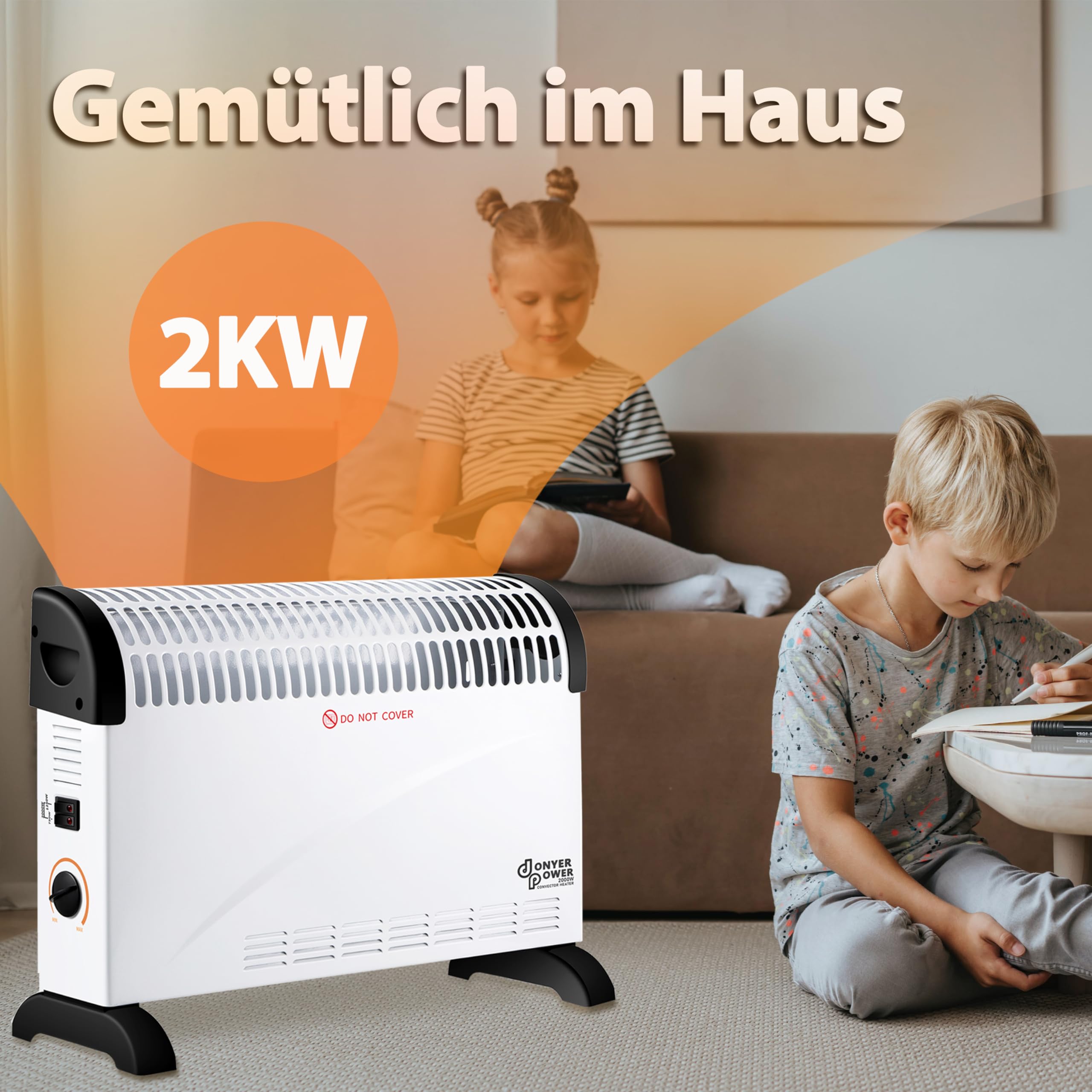 DONYER POWER 2KW Konvektor mit Thermostat – Leise – Wandmontage | 3 Heizstufen (750W/1250W/2000W) – Leiser Betrieb – Stand- & Wandmontage – Sofort einsatzbereit