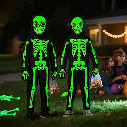 Miniatura 5 de gogoparti Disfraz de esqueleto para niños pequeños que brilla en la oscuridad para niño y niña, enterizo de esqueleto de Halloween iluminado con