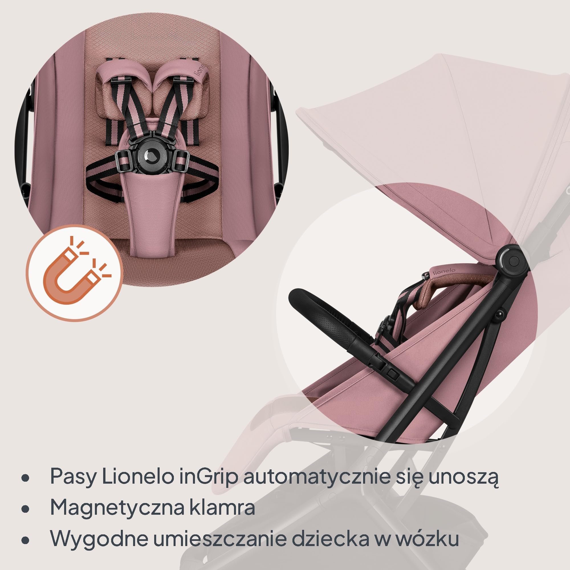 Lionelo Wózek dziecięcy Sia kompaktowy do 22 kg, składany i stojący, lekki 5,9 kg, leżący kaptur XXL UPF50+ wodoodporny, zawieszenie przednie, klamra magnetyczna duży kosz 3 kg