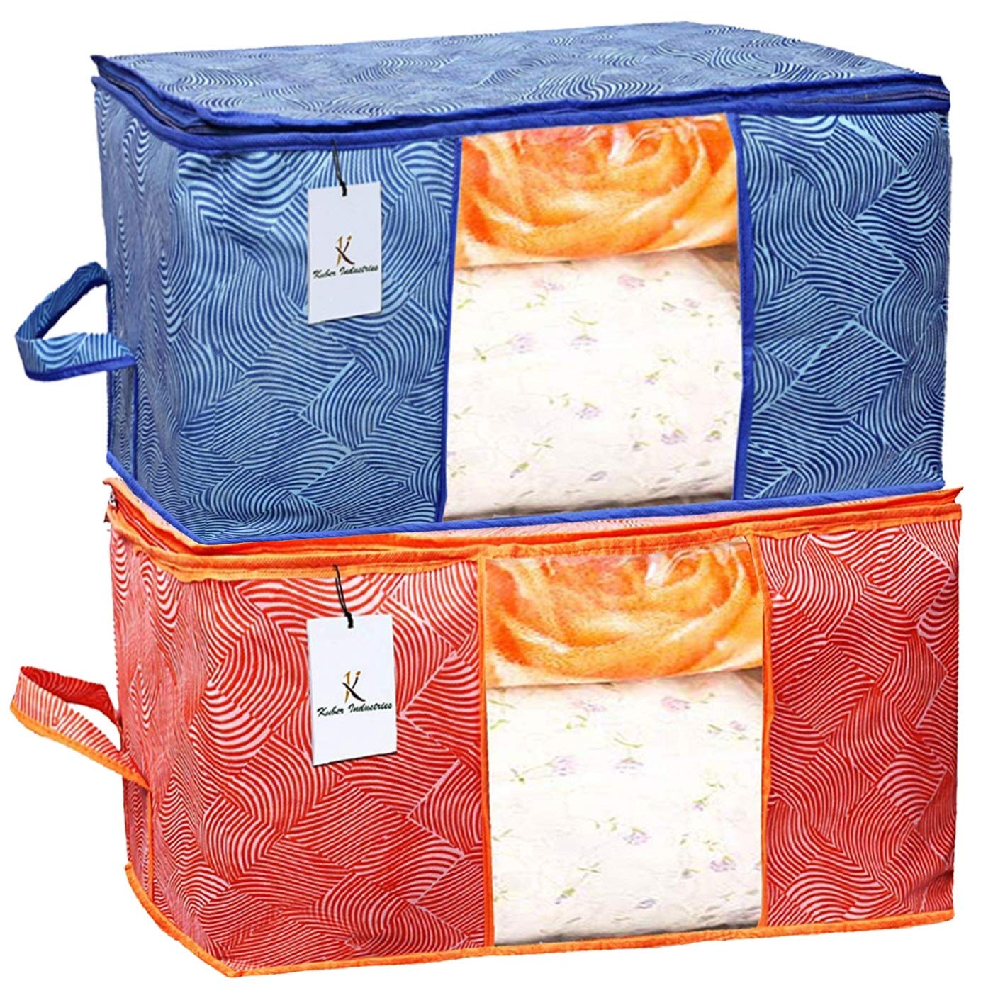 Kuber Industries Leheriya Printed Non Woven Fabric Underbed Storage Bag, Cloth Organiser, Blanket Cover with Transparent Window, Orange and Blue -CTKTC41072, Standard - 2 Piece-image-7