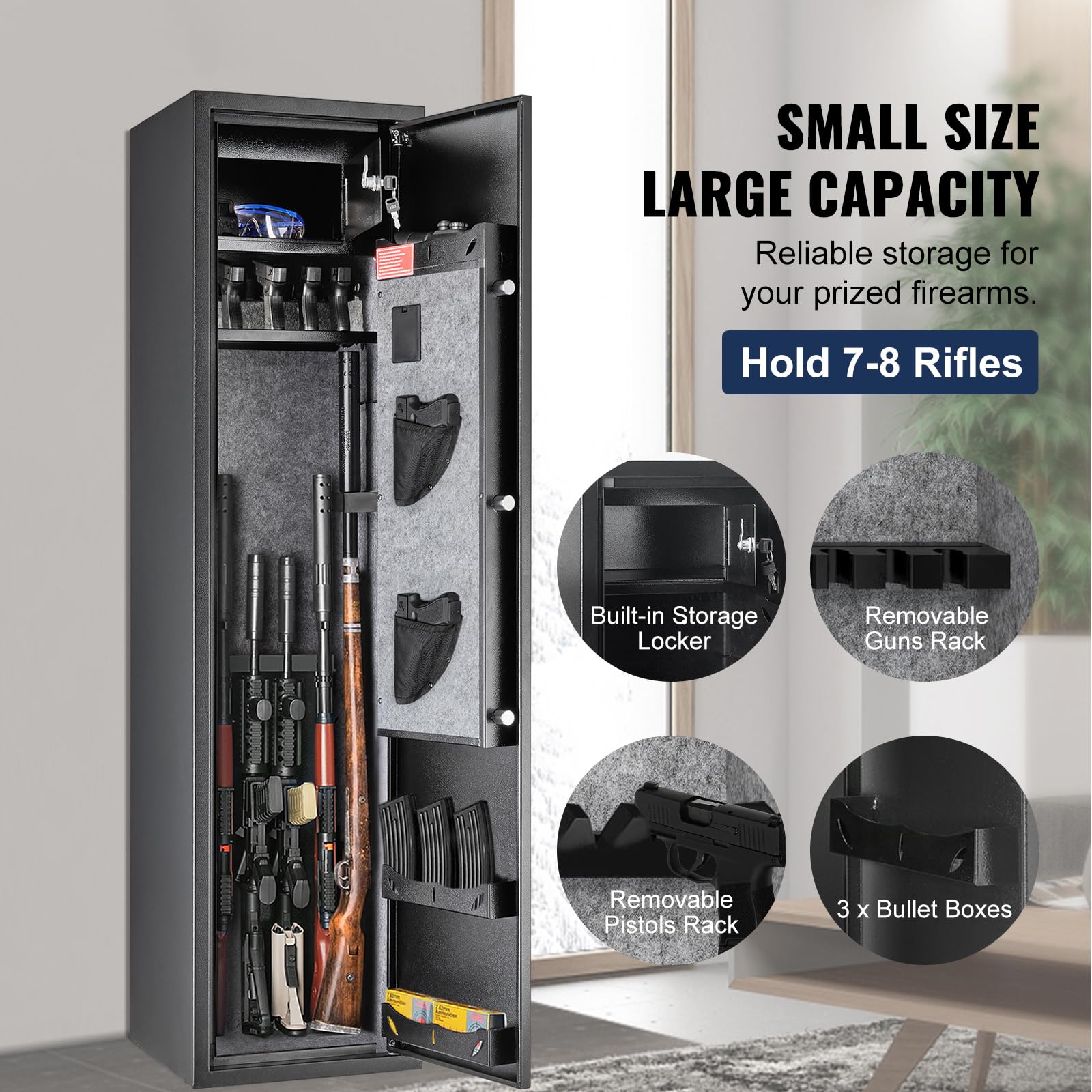 Happybuy 7-8 Rifles Gun Safe, Rifle Safe with Digital Keypad & Lock, Gun Storage Cabinet with Built-in Storage Locker, Removable Storage Shelf for Home Long Gun and Pistols