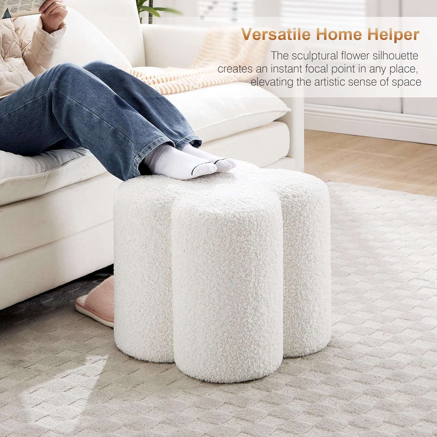 Zesthouse Flower Pouf Ottoman Foot Rest, Sherpa Fabric Poofy Ottoman Footstool for Couch, Modern Living Room Stool Seat, Cute Square Vanity Stool for Bedroom Dorm, White