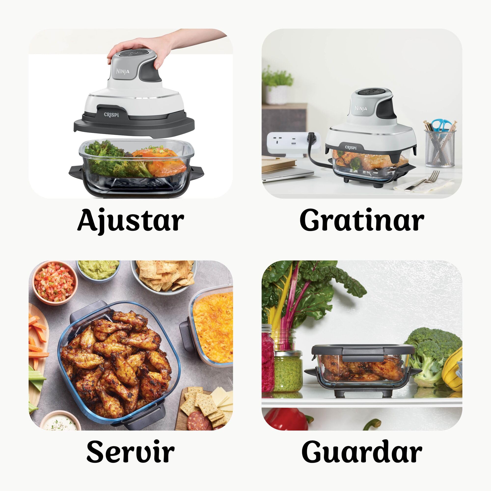 Ninja CRiSpi, Freidora de Aire Portátil, 3,8L y 1,4L, Blanco, FN102EU | 4 en 1: Freír con Aire, Asar, Mantener la Temperatura, Dorar, Compacta, 2 Recipientes de Cristal Extraíbles y Tapas, 1700W