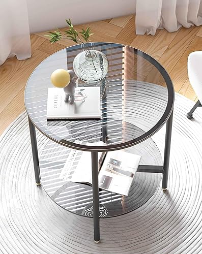 Juego de mesa auxiliar de vidrio templado de 2 niveles, mesa de noche redonda de 20 pulgadas de alto, color gris