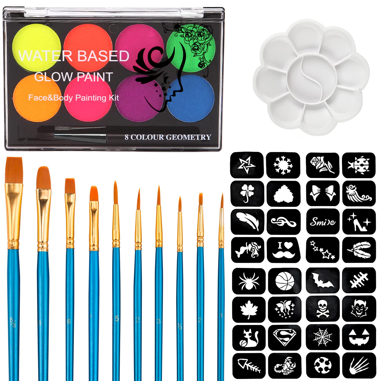 UV Face Painting Kit,Glow In The Dark Face Paint, 8 Neon Fluorescent Black Light Glow Makeup Water Activated with 10 Painting Brushes ?Non-Toxic Washable for Adult, Halloween Party Supplies, 4pcs Face Paint Stencils?with Body Paint Makeup Palettes