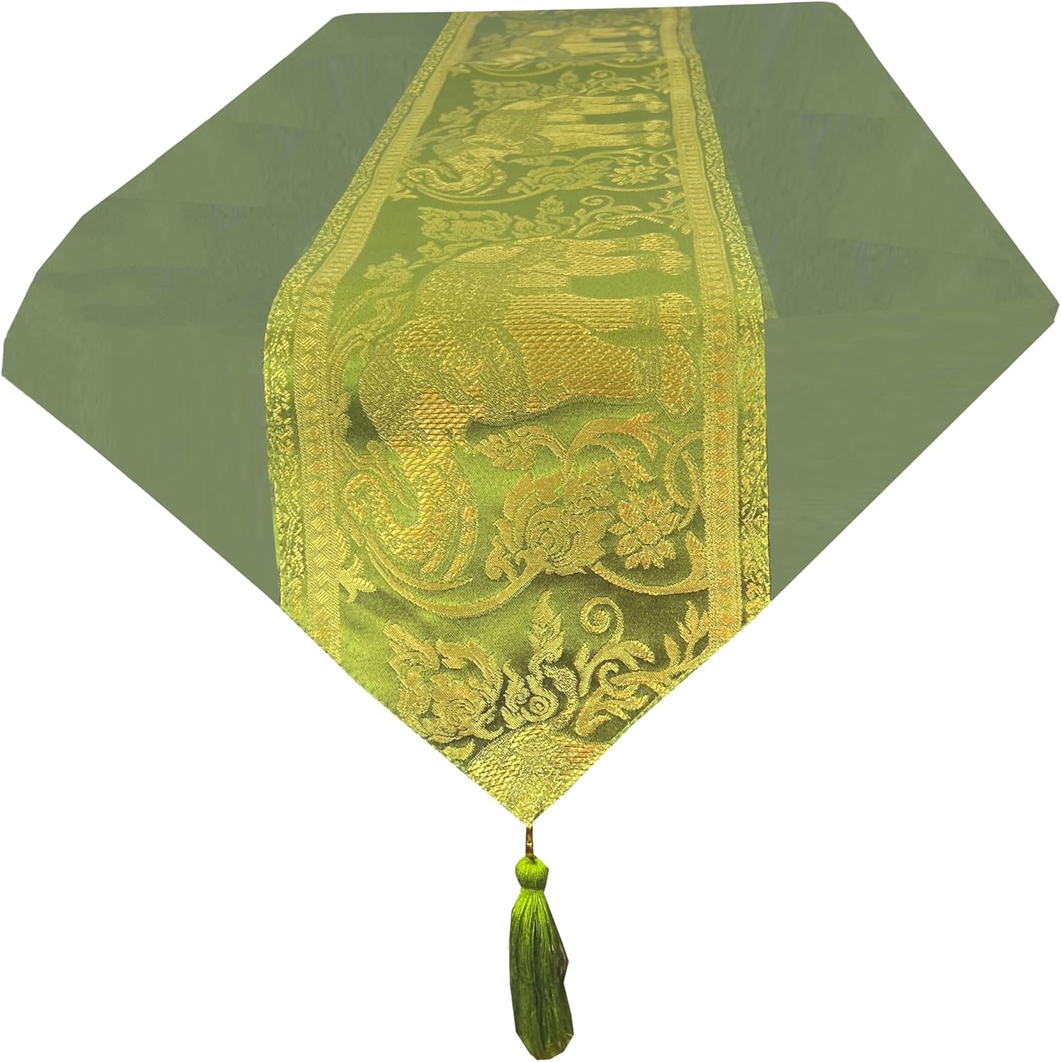 Thai Slik Elephant Style Table Runners for Home Decorative Coffee Table Bed Runners Sofa 13 x 69 Inches (33x175cm) (Green Jade)