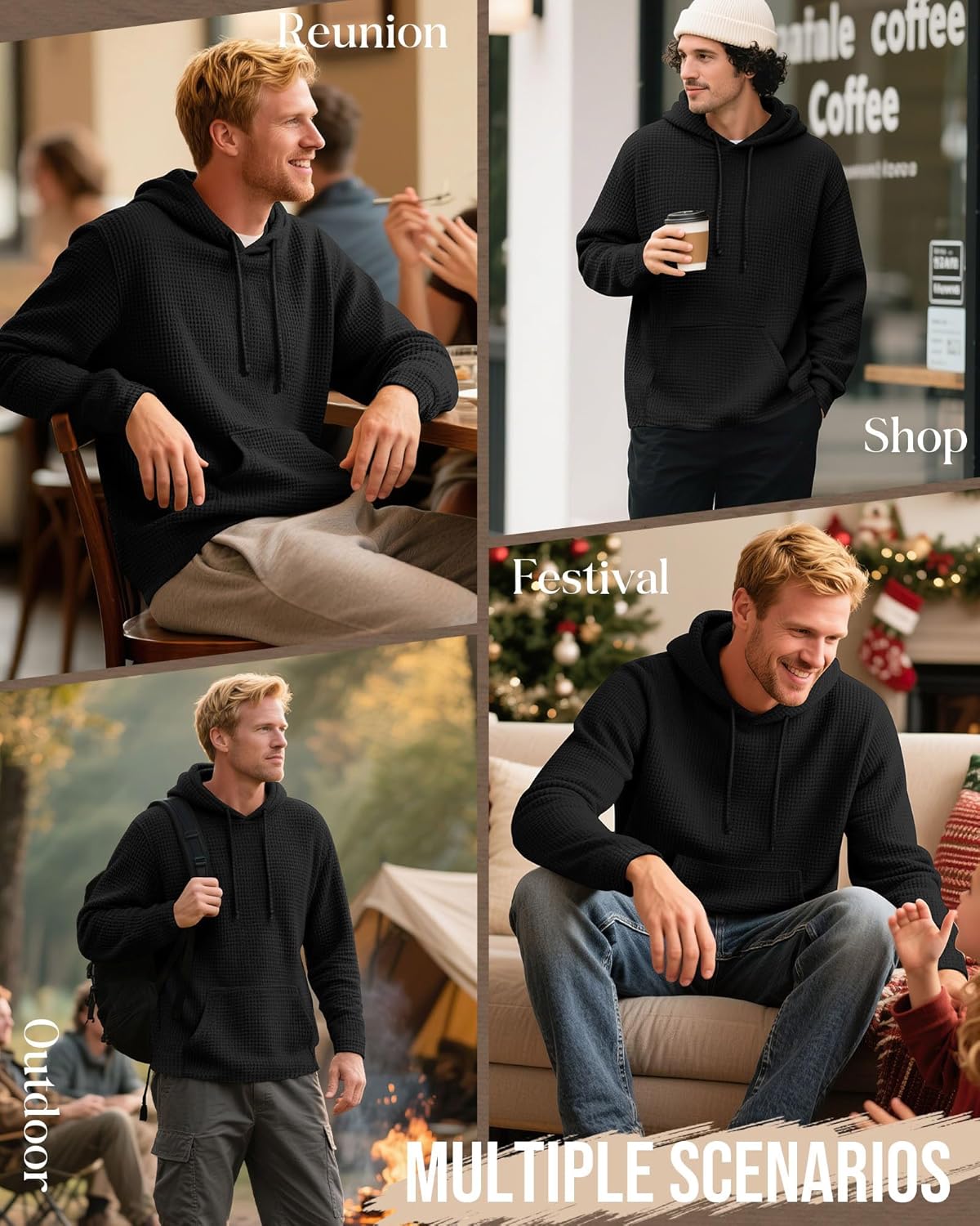 Men's Big and Tall Hoodies Sweatshirts Long Sleeve Waffle Knit Casual Pullover Drawstring Shirts with Pocket - Image 3