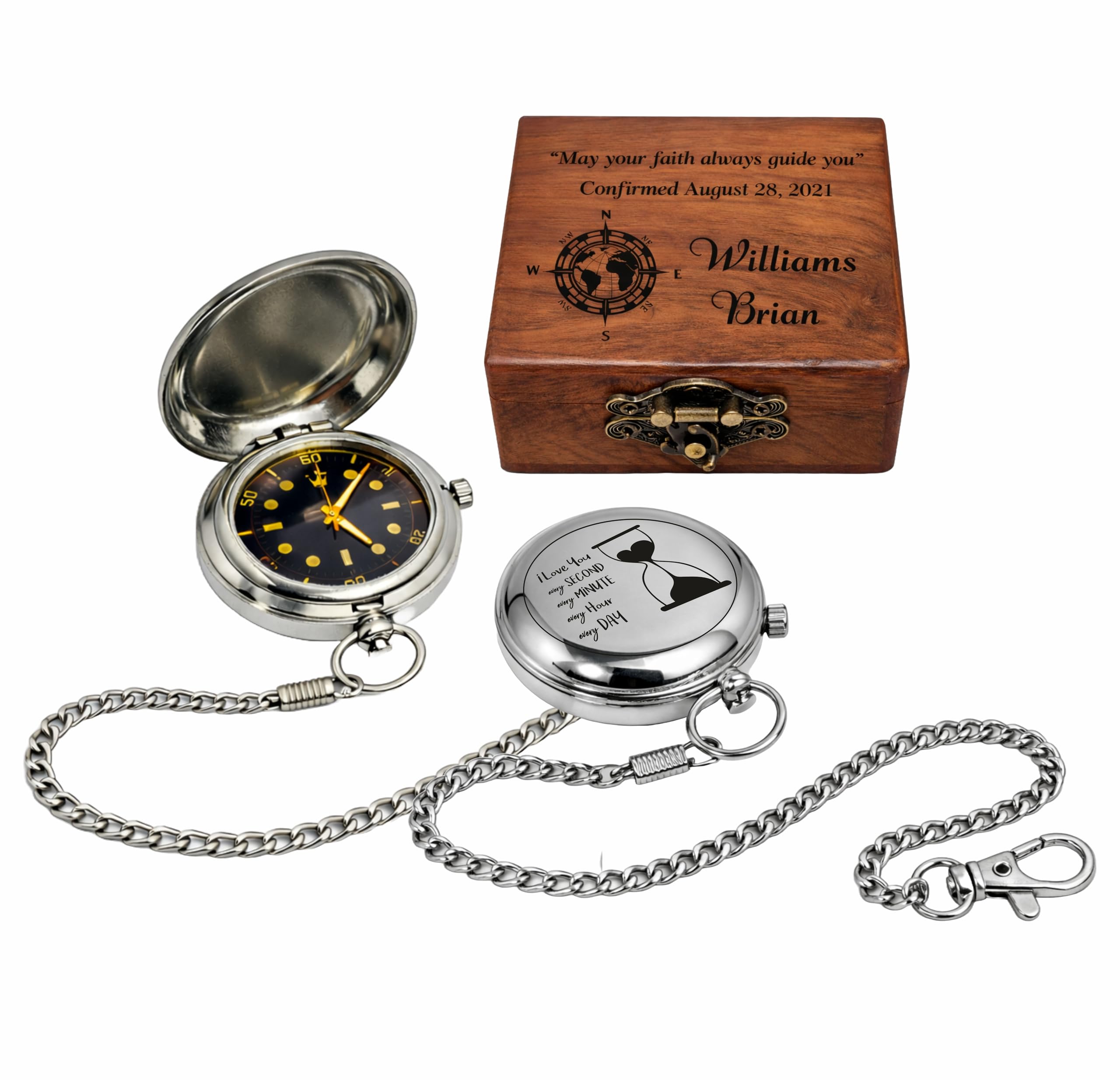 Analog Unisex Brass Personalized Push Button Pocket Watch Fully Customized Watch 2 Inch Chain and with Wooden Box - Silver