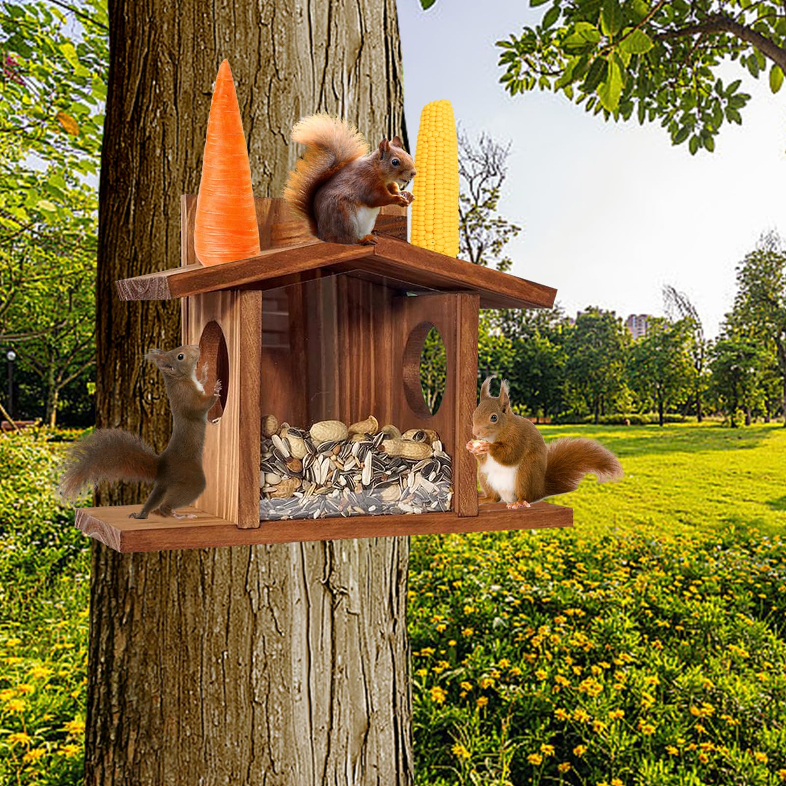 Eichhörnchen Futterhaus, Holz Aufhängen Futterstation mit 2 Eingänge und Sitzplattformen, Wetterfest, Belüftungssystem für Trockenes Eichhörnchenfutter