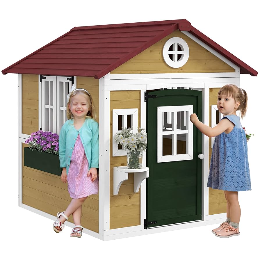 IYofe Wooden Outdoor Playhouse With Flowers Pot Holder And Mailbox