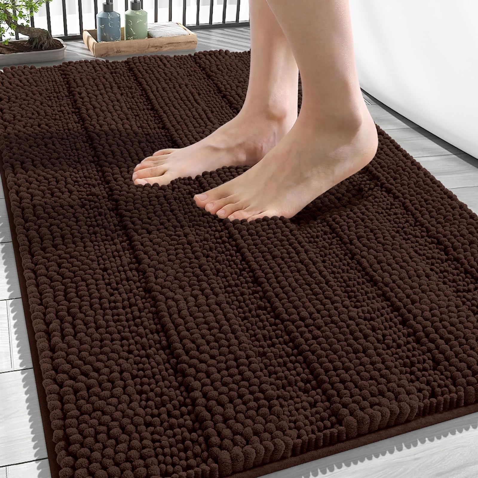OLANLY Thick Bathroom Rugs 34x21, Soft Chenille Striped Bath Rugs, Brown