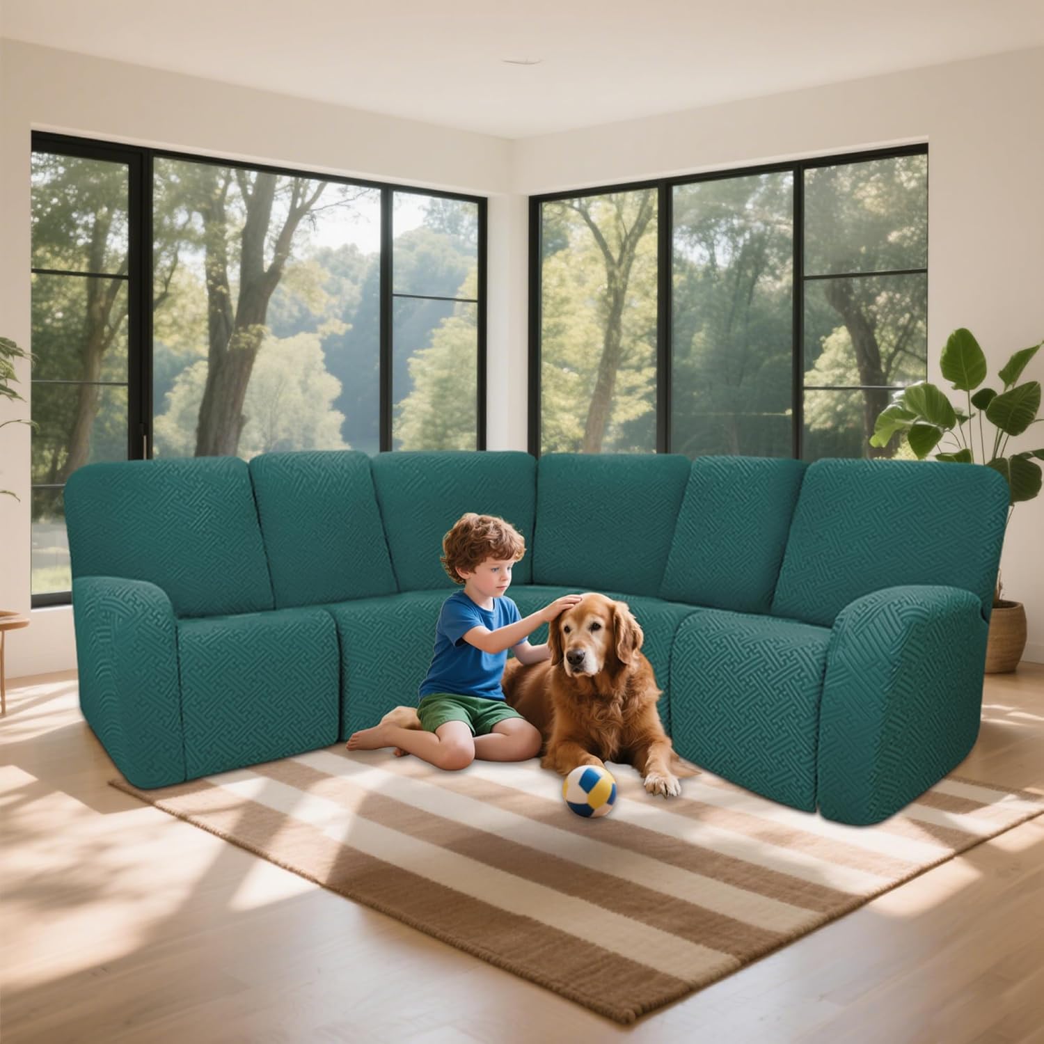 100% Waterproof Sectional Recliner Couch Covers for Reclining Couch L Shaped Corner Sectional Sofa Cover Jacquard Stretch L Shape Recliner Slipcovers (5 Seater Cover, Peacock Blue)