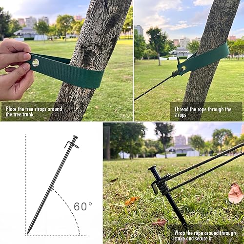 Miniatura 3 de Fetanten - Juego de estacas para árbol de acero resistente de 11.8 pulgadas para apoyar árboles contra viento fuerte, con 6 correas y cuerda (13.12