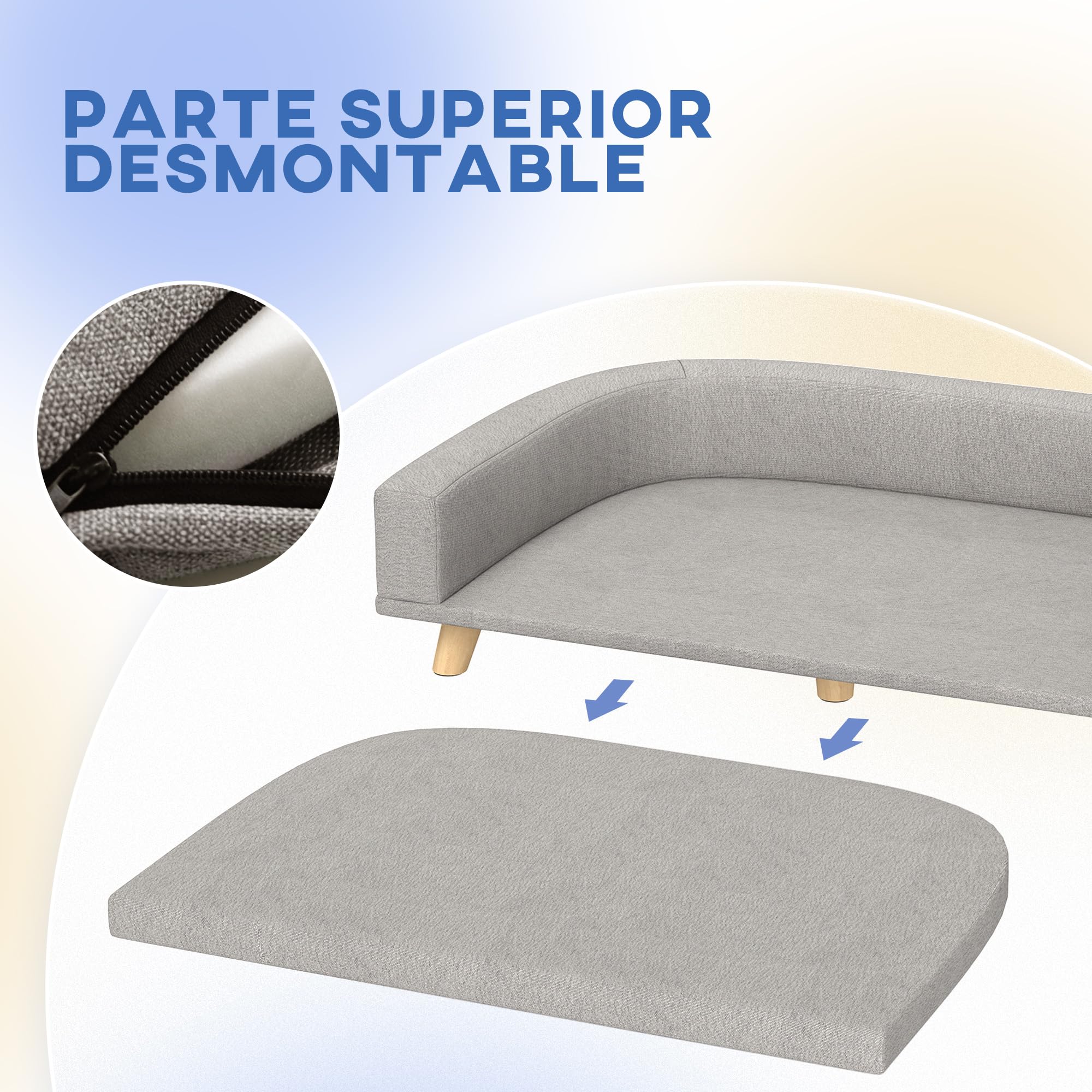 PawHut Sofá para Perros Grandes 98x67x25 cm Cama Elevada para Perros Tapizada con Cojín Lavable y Patas de Madera de Pino Carga 30 kg Gris Claro