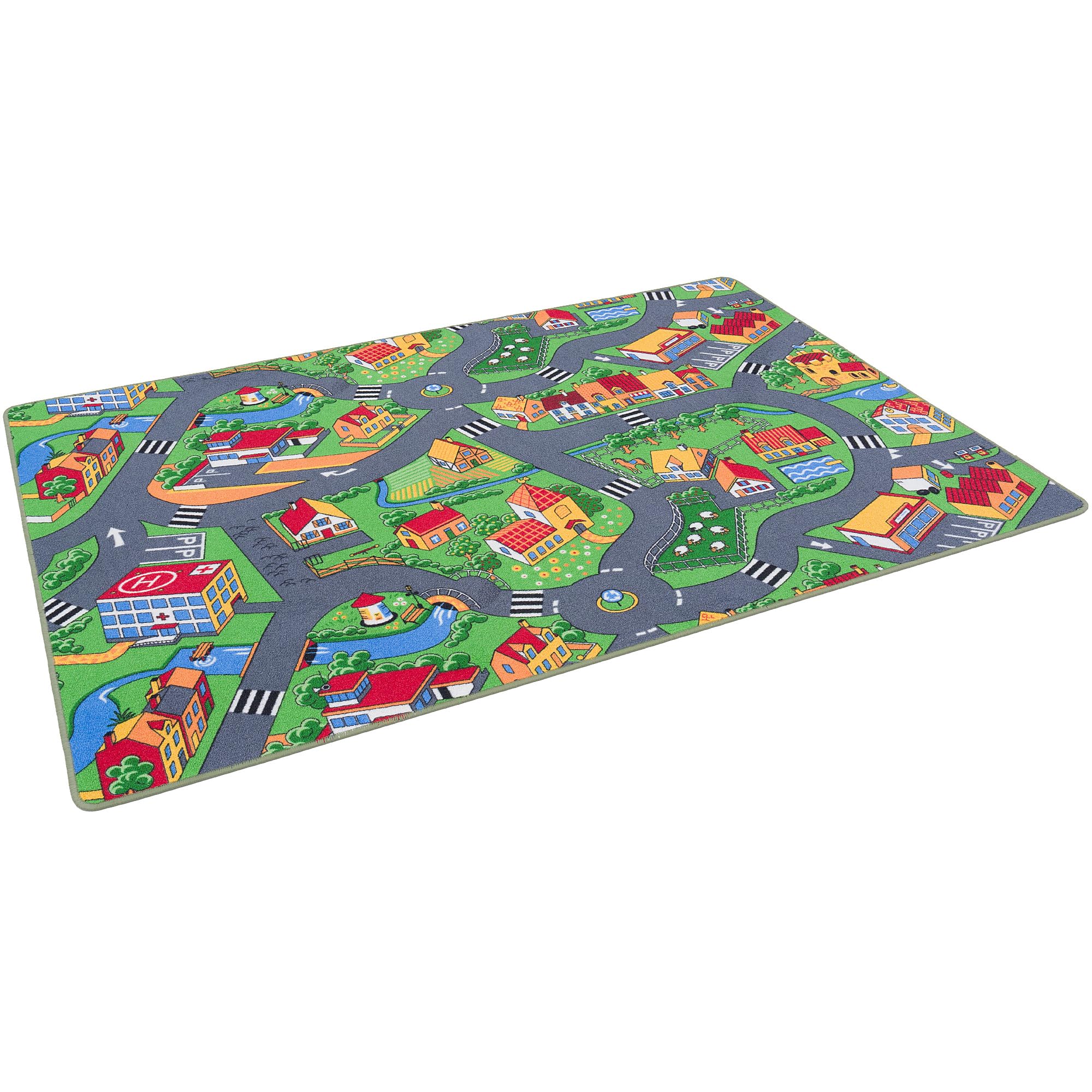 Pergamon Kinder Straßenteppich Beidseitig Fun Town & Little Village - Spielteppich für Kinderzimmer mit Straßenmotiven, Fördert Kreativität und Fantasie
