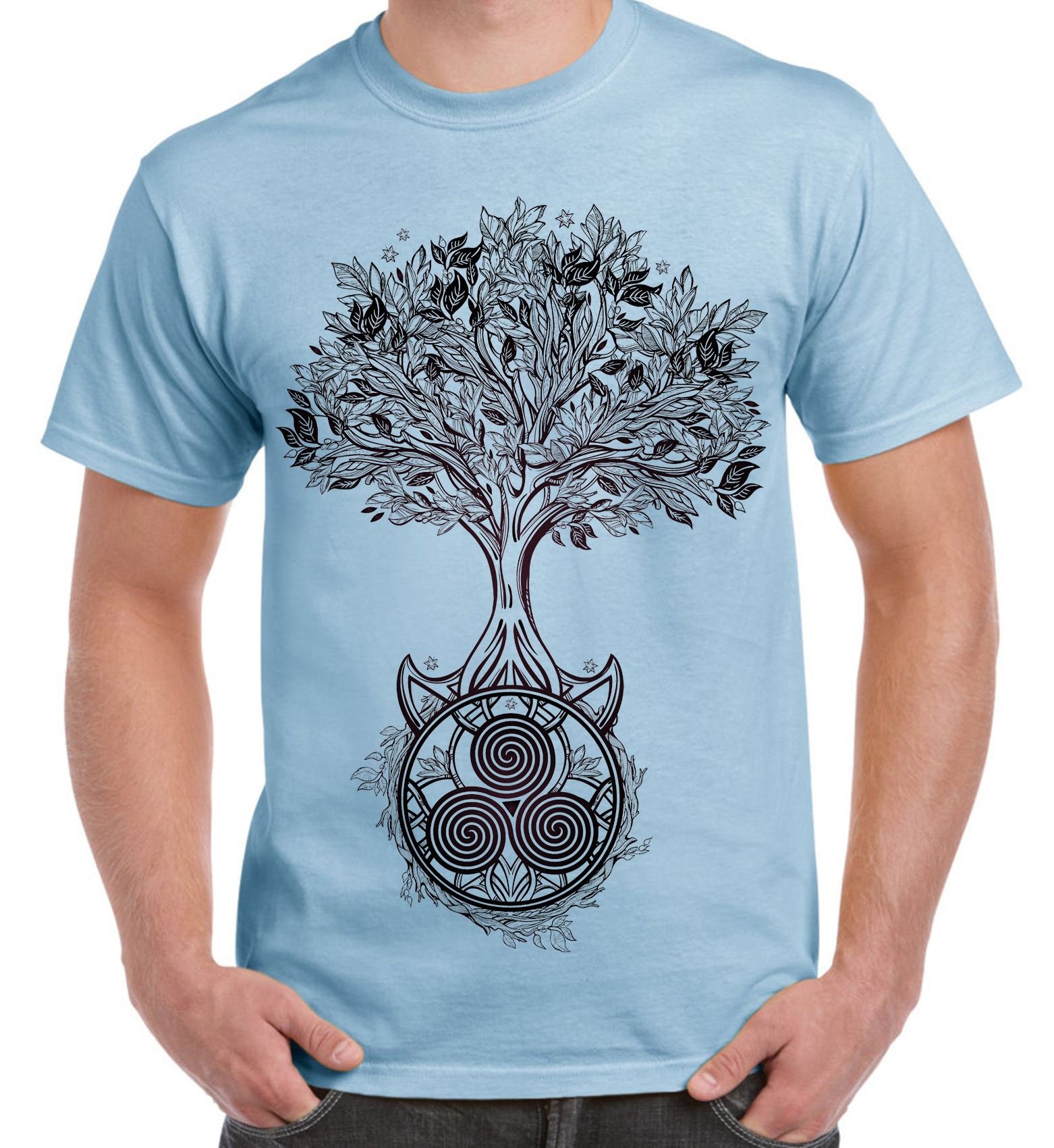 Celtic Spiral Tree of Life Large Print Men's T-Shirt (Large, Light Blue)