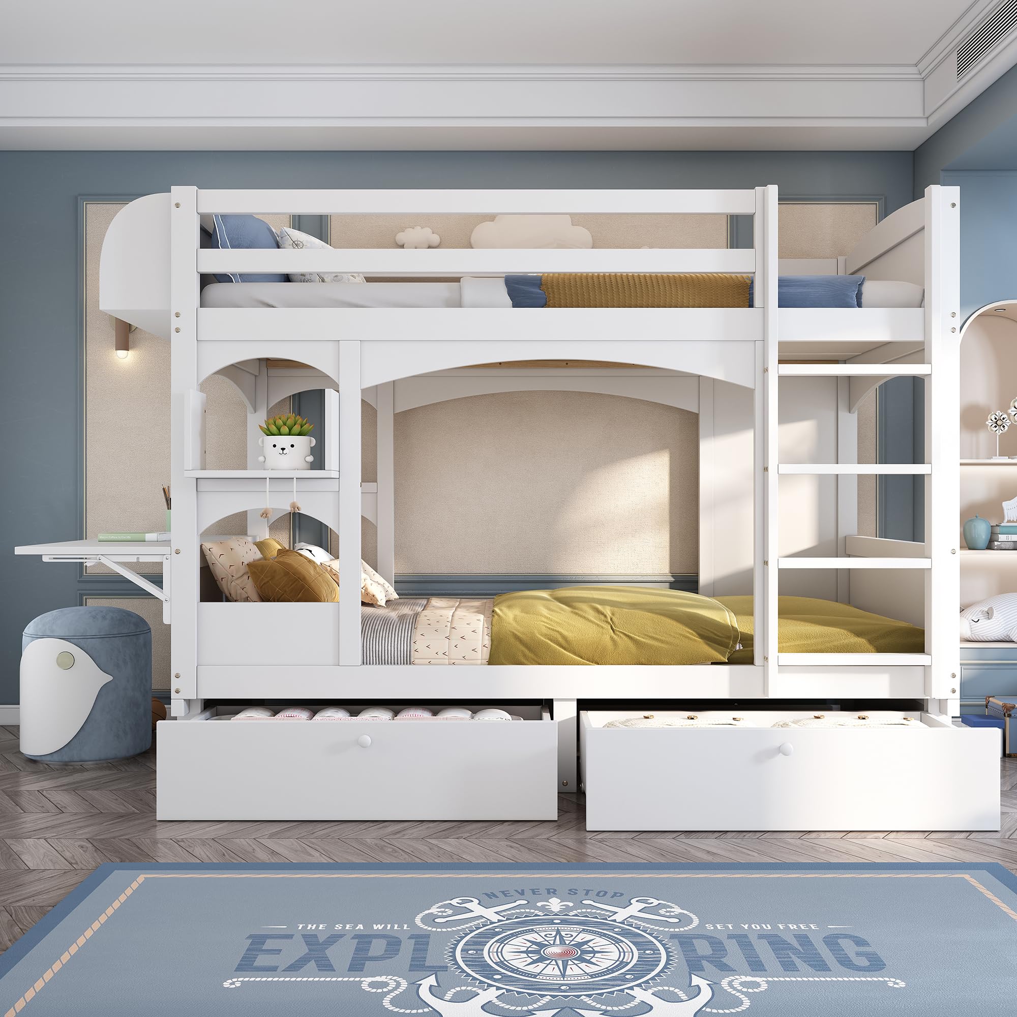 Kinderbett Etagenbett 90x200, Hochbett für 2 Kinder, Hausbett mit 2 Schubladen&klappbarem Schreibtisch&Regal&Leiter, Doppelbett Holzbett mit Lattenrost&Rausfallschutz, Massivholz, Ohne Matratze, Weiß