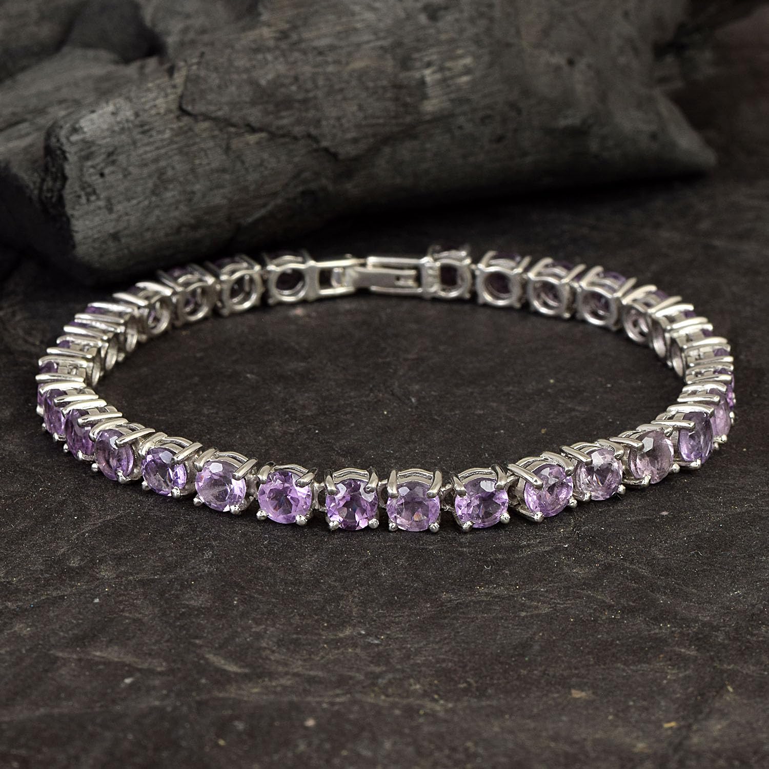 Pulsera de tenis de amatista para mujer, piedra natal de febrero, piedra preciosa morada facetada redonda, plata de ley 925, chapada en rodio blanco, cierre de caja, joyería fina
