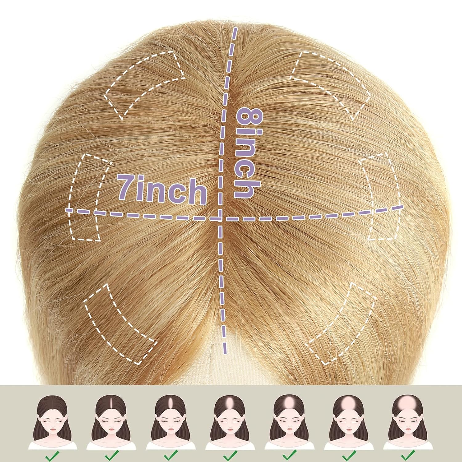 Hair Toppers for Women with Thinning Hair, 7x8 Inch Mono Base Real Human Hair 12 Inch 130% Density No Bangs #TSS