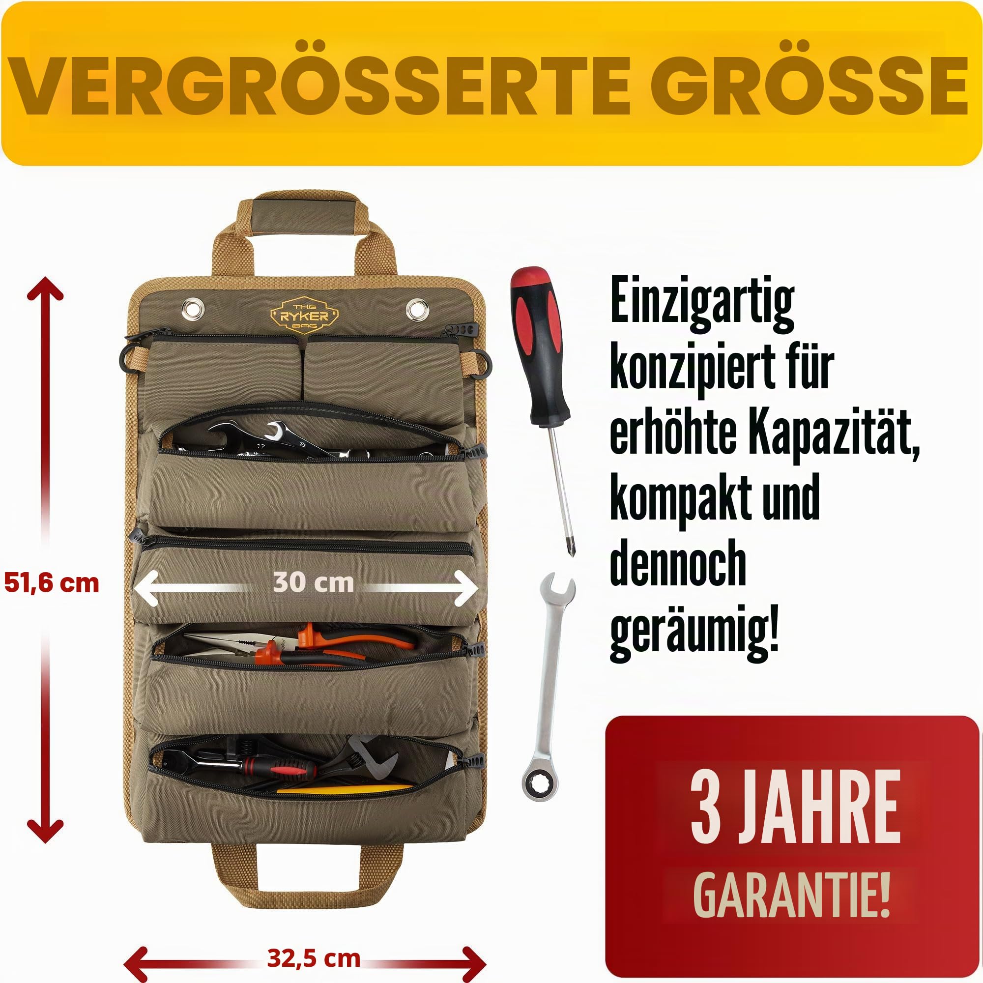 The Ryker Roll-Up-Werkzeugtasche, Organizer, Geschenke für Papa, robuste Motorrad-Werkzeugtasche, Organizer, tragbare Rolltasche mit abnehmbaren Taschen, Werkzeugtaschen, Herren-Geschenke für ihn