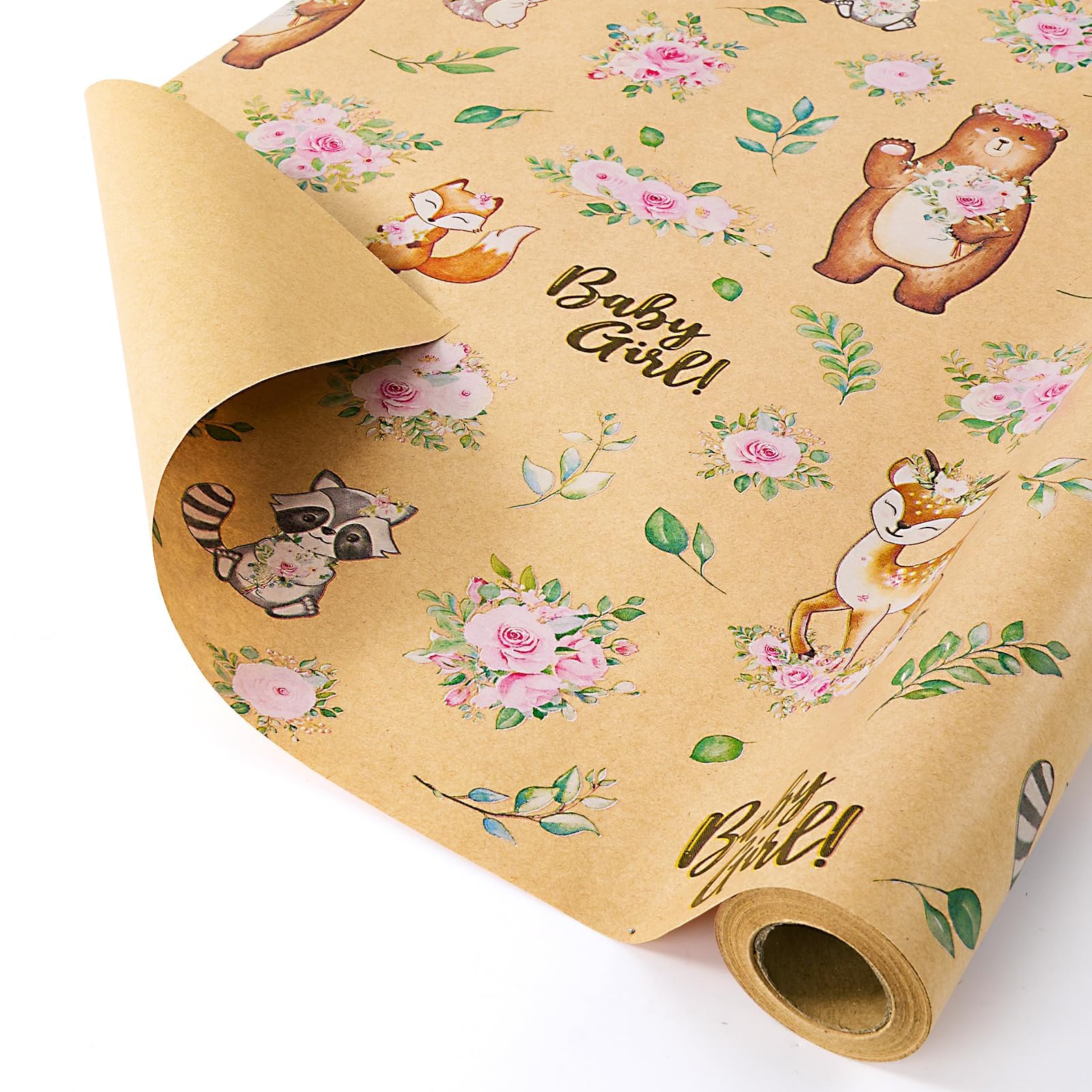 WERNNSAIBaby Girl Kraft Wrapping Paper Roll - 1 Roll 17” x 33 ft Baby Shower Wrapping Paper for Girls Kids Birthday Gift Wrap Supply Woodland Animals Design New Born Party Favor