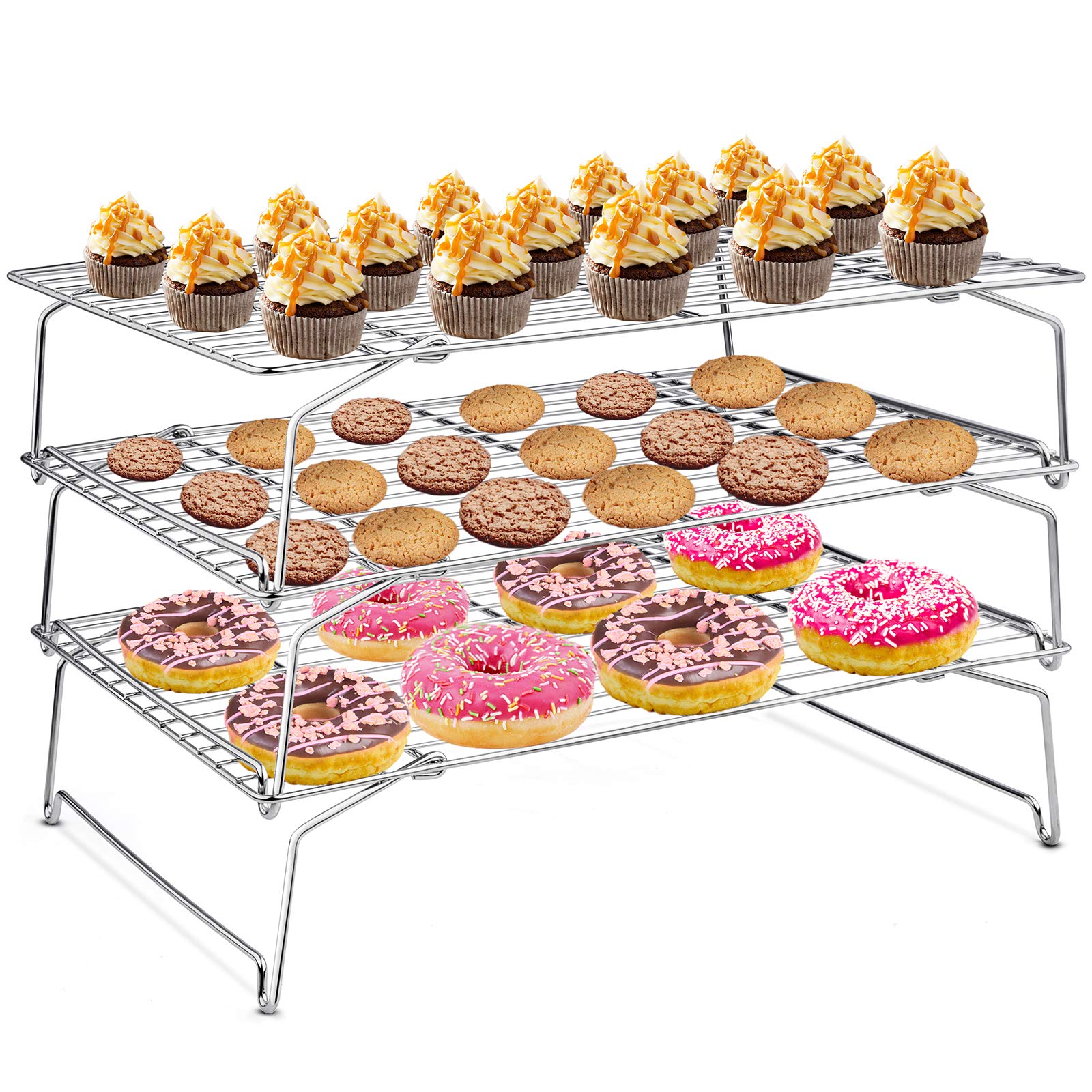 HaWare Abkühlgitter, Edelstahl 3-töckiges Kühlgitter Auskühlgitter zum Backen Braten Grillen von Kekse Kuchen Brot Torte, Faltbar & Stapelbar, Ofen- & Spülmaschinenfest - 38x26cm