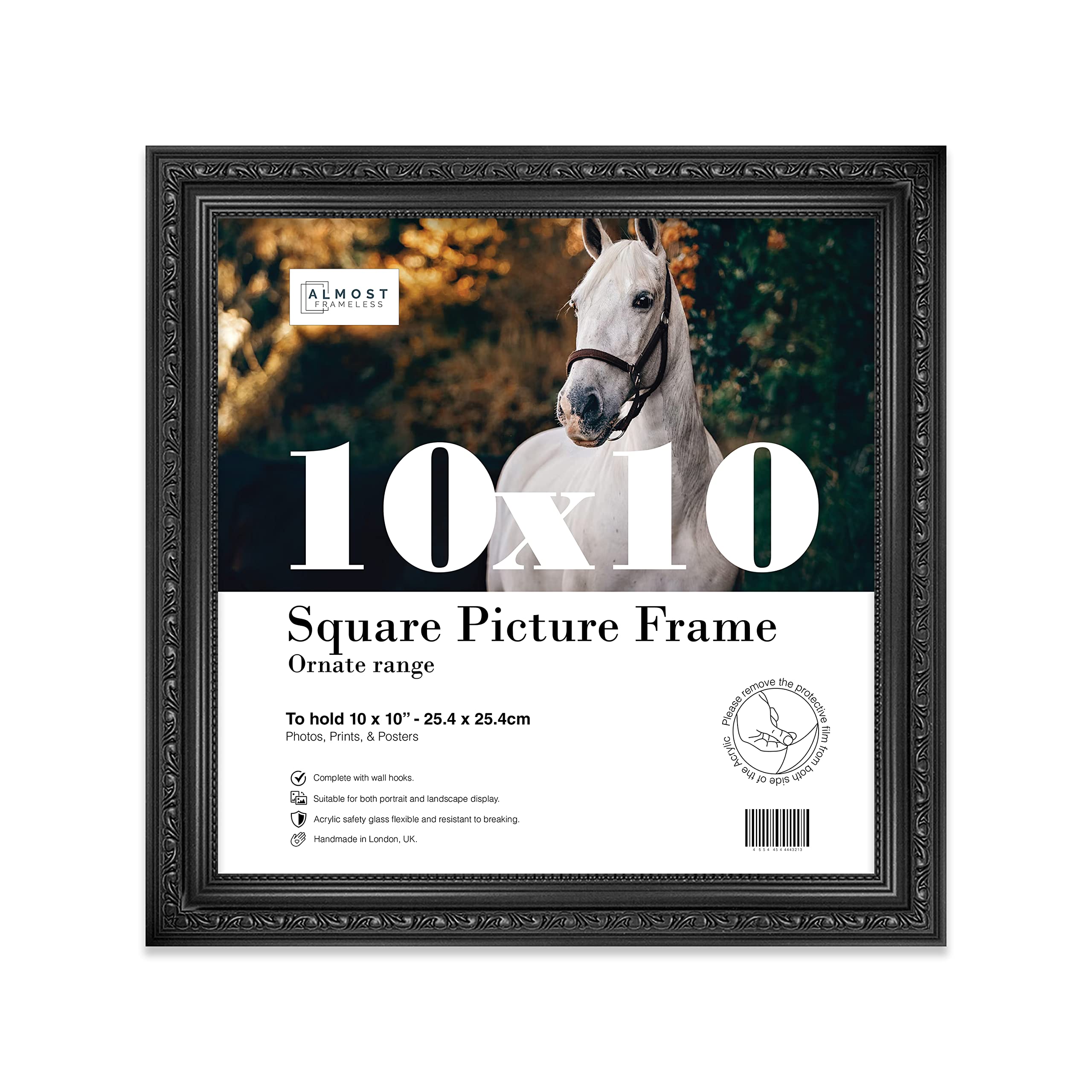 Almost Frameless 10x10 Black Ornate Picture Frame 10"x10"(25.4x25.4cm) Poster, Photo, Artwork, or Print. Antique Style Portrait and Landscape Display with Wall Hooks