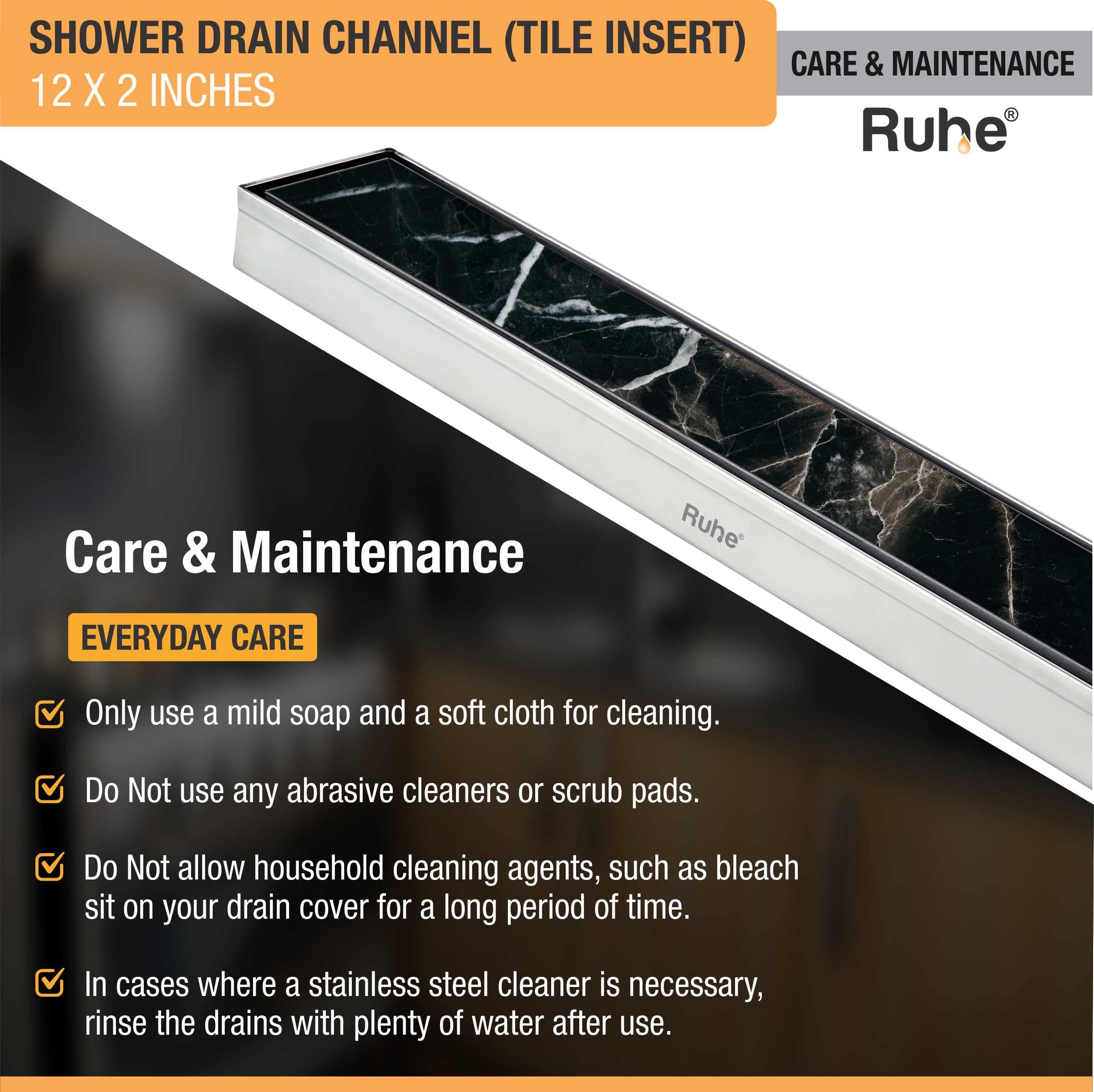 Ruhe® Tile Insert Floor Drain | 12 x 2 Inches Waste Water Floor Drain for 13mm Tile | 304 Stainless Steel Invisible Shower Drain Channel with Trap/Jali — Amazon image 5
