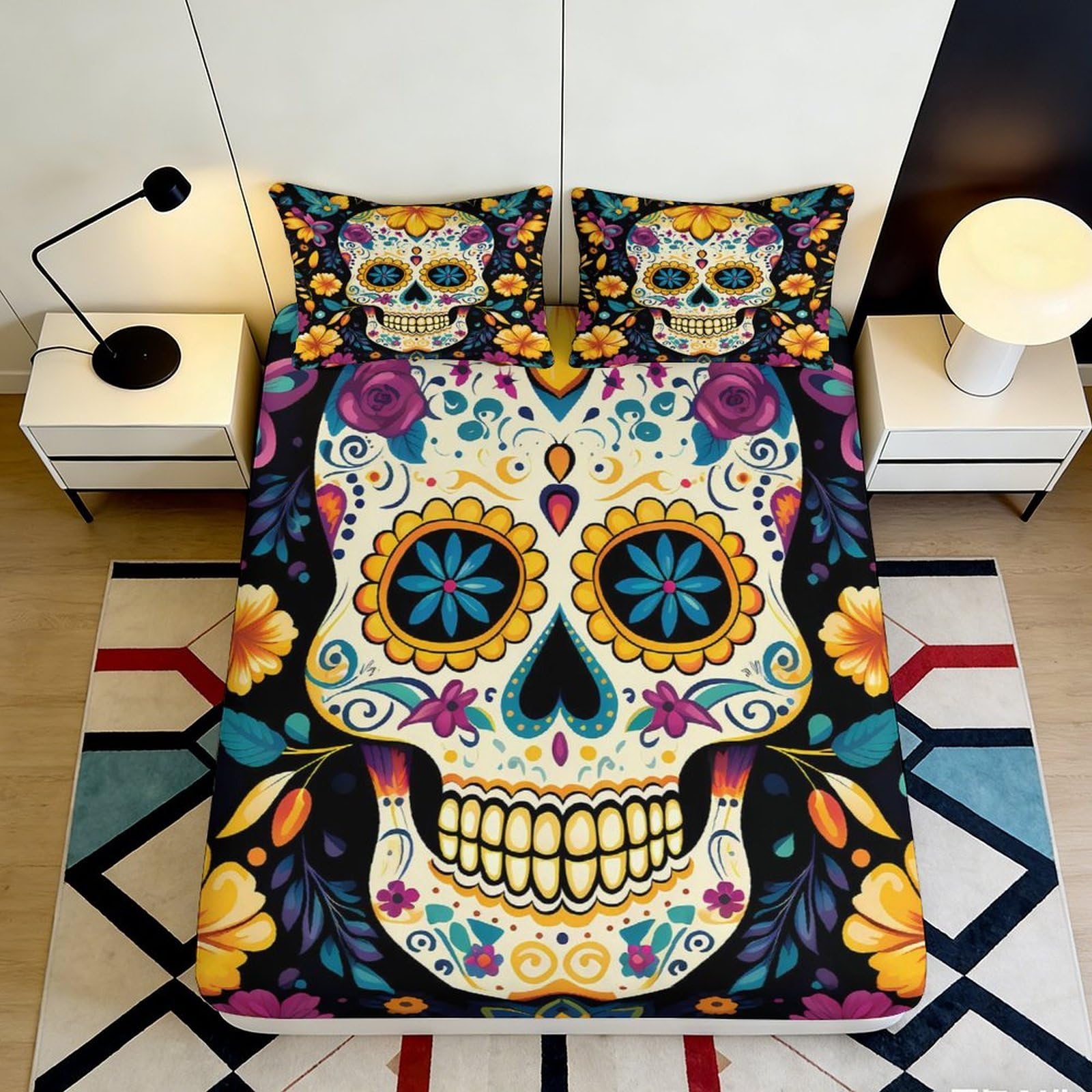 3D Printed Sugar Skull Fitted Sheet Microfiber Colourful Floral Mattress Cover for Bedroom Guestroom Dorm Decor 90x200x25cm