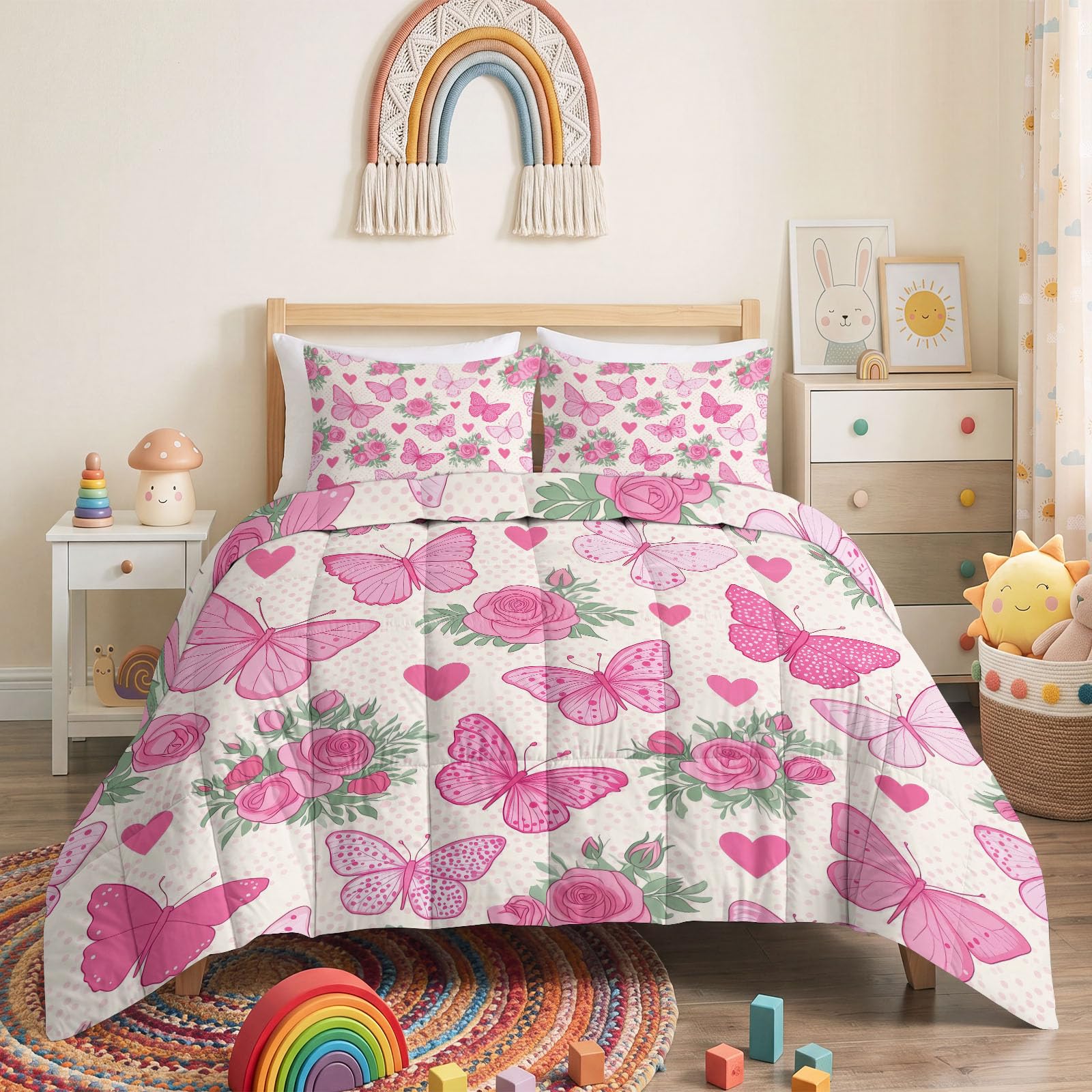 Edredón sin funda de 135 x 200 cm para las 4 estaciones, para niñas, con diseño de mariposas, insectos, corazón, reversible, lavable, para todo el año, romántico, estilo princesas, cuatro estaciones