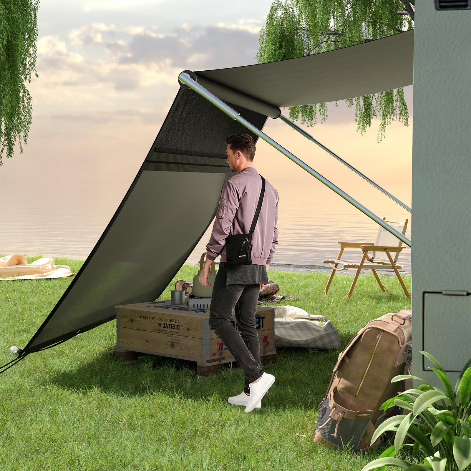 RV Awning Sun Shade, Motorhome Campervan Sun Blocker with Zipper Design, Sun Protection Privacy Screen Visual Protection for Outdoor Caravan Camping Travel (2.2x3.3m) — view 8