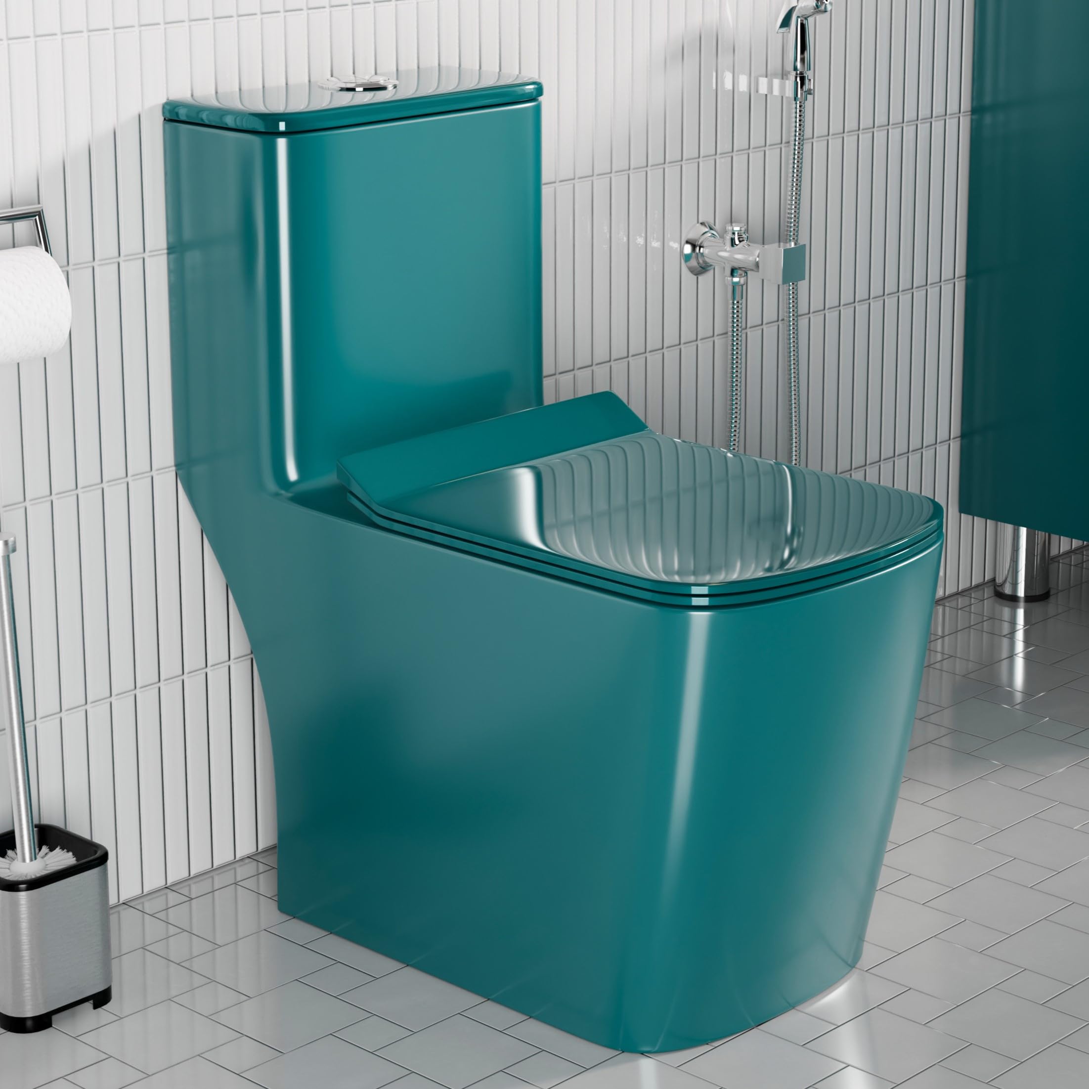 B Backline Ceramic One Piece Siphonic Western Toilet | European Commode With Soft Close Seat | Water Closet S-Trap Outlet From Floor (Green Glossy)-image-24