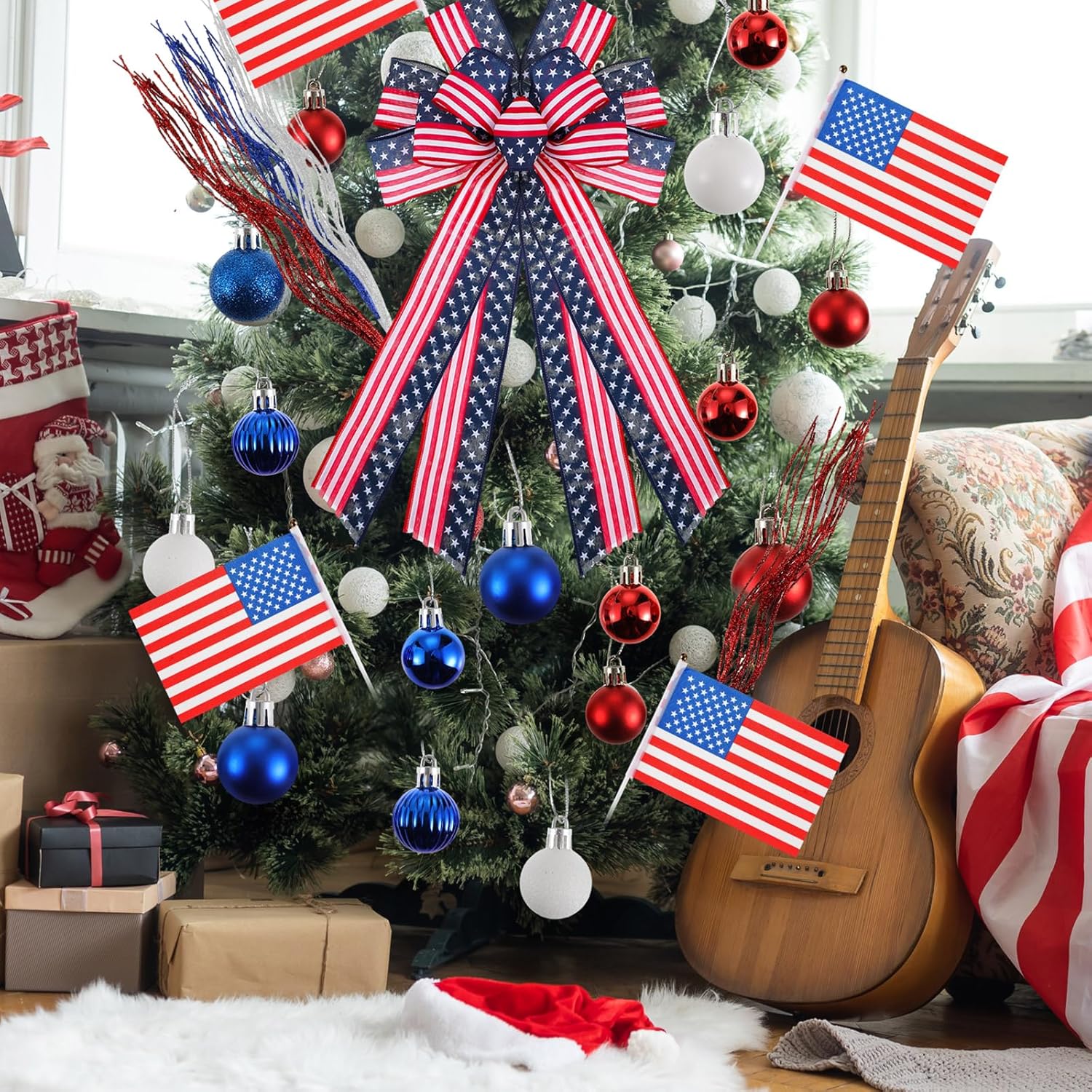 Soulchen 118 Pcs Patriotic Tree Decorations Wreath Bows Red White and Blue Memorial Ornaments for Tree American Flag Patriotic Garland for Veterans Day Memorial Day Decor(Sphere)