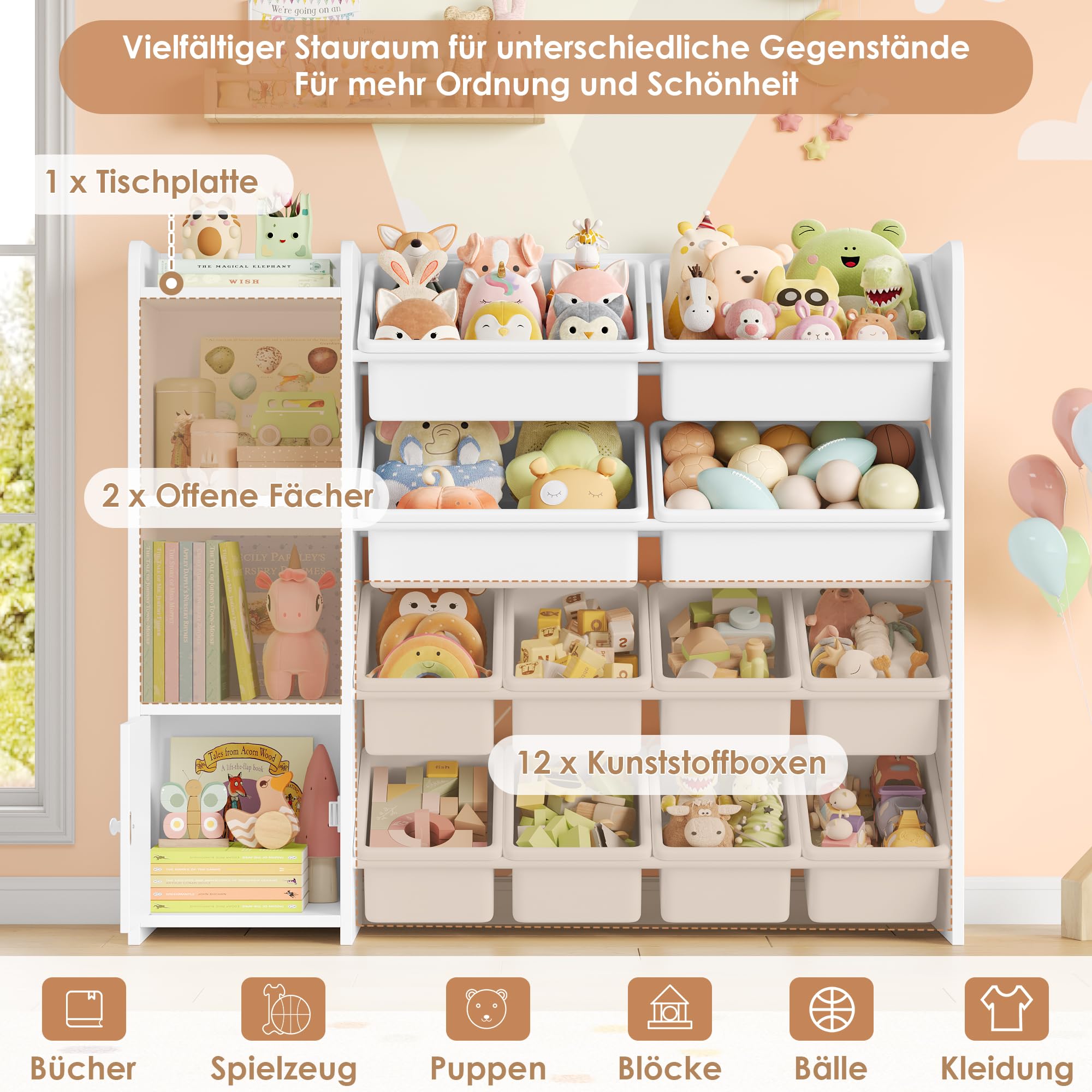 FOREHILL Kinderregal mit 12 Boxen, Kinder Bücherregal, Kinderschrank Weiß | Kinderregal, Kinderzimmer Möbel, Spielzeugregal für Kinder, Spielzeug Aufbewahrung für Kindergarten, Leseecke, 112,5x100x30cm