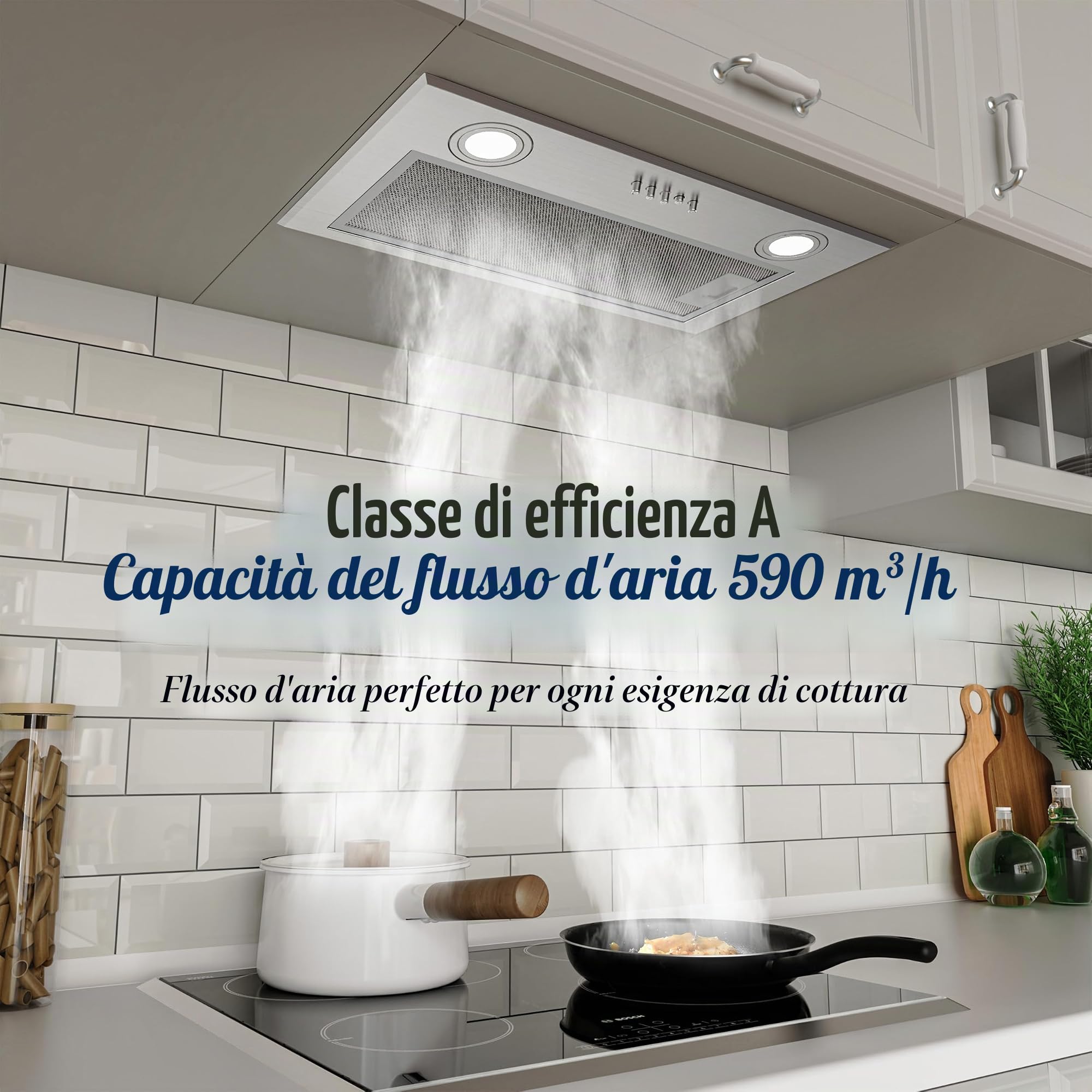 FIREGAS Cappa Aspirante a Incasso 52cm, Aspiratore Silenzioso con Motore ad Alta Efficienza, Classe Energetica A, 590m³/h, 3 Velocità, Illuminazione LED, Filtro a Carboni Attivi