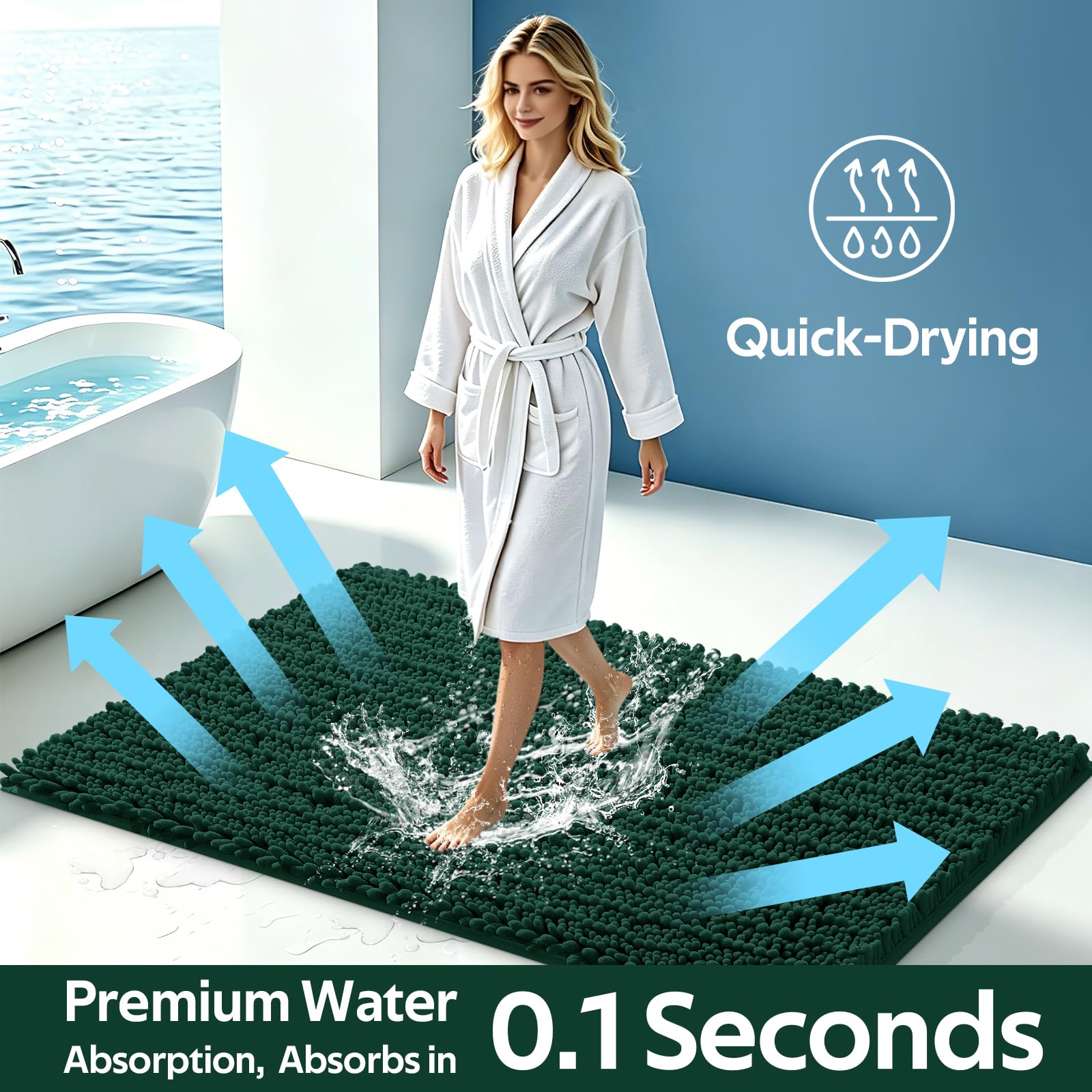 ACCUMTEK Set di 3 tappeti da bagno extra large, ultra morbidi, spessi e assorbenti, in ciniglia, antiscivolo, per bagno, camera da letto, cucina