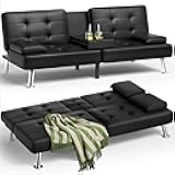Homall Futon Sofa Bed, Leather Futon Couch with Removable Armrests, Adjustable Recliner Sleeper Sofa Bed with Dual Cup Holders for Living Room, Apartment, Office (Black)