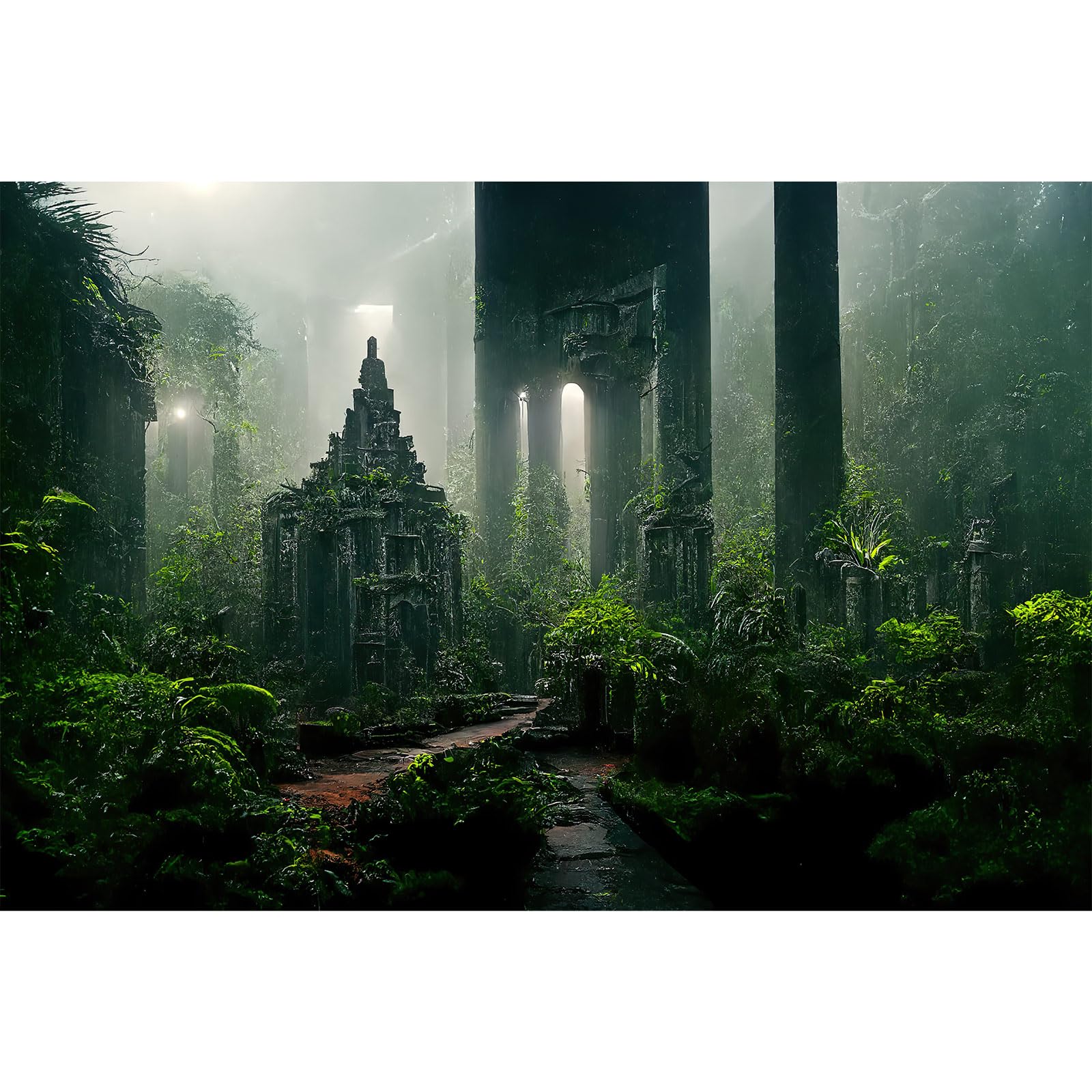 Fantasy Ancient Temple Aquarium Background Jungle Stone Columns Mysterious Foggy Rainforest Green Plants Fish Tank Background Magical Misty Rock Ruins Reptile Tank Enclosure Backgrounds 48x20in