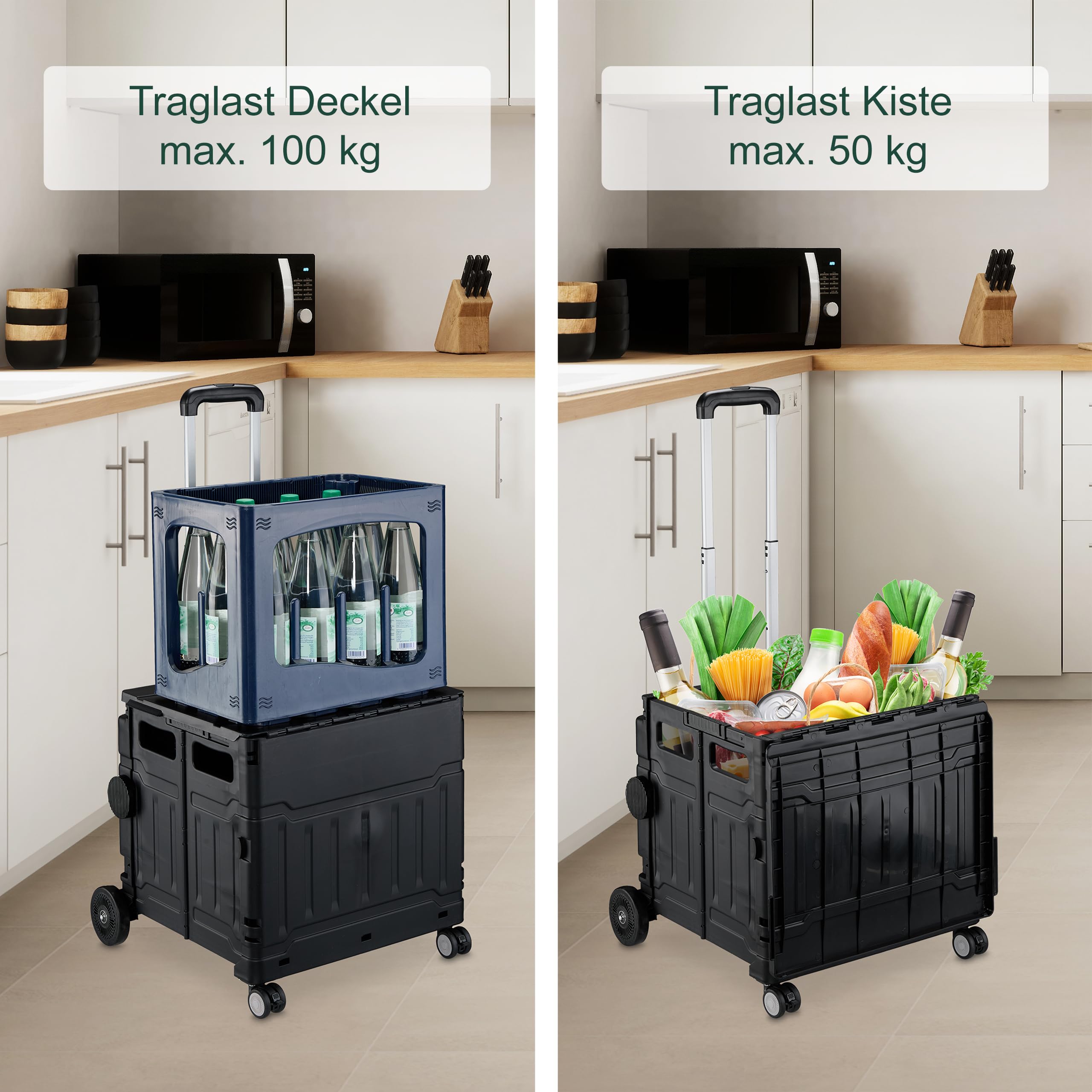 Relaxdays Einkaufstrolley, klappbar, Einkaufskorb mit Rollen, Deckel & neigbarem Teleskopgriff, bis 50 kg, schwarz