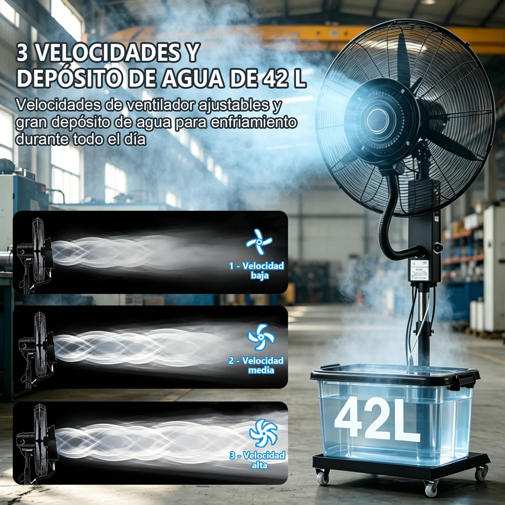Ventilador Nebulizador 42L, Alta Velocidad Industrial con 3 Velocidades y Valor de Niebla Ajustable, Oscilación 90°, Altura Regulable 160‑200cm, para Refrigeración Exterior en Patio, Taller(71cm/28in)