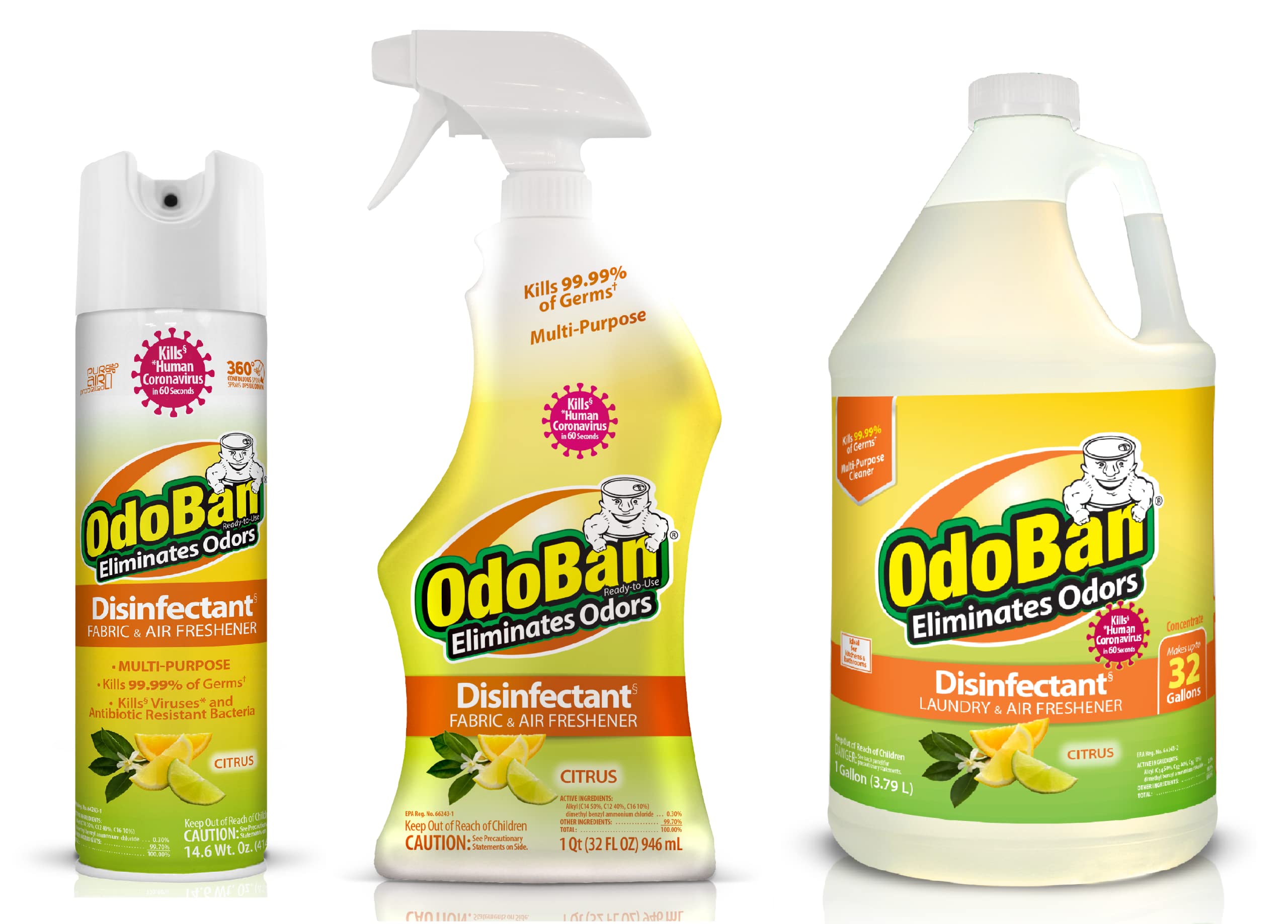 OdoBanDisinfectant and Harsh Aroma Eliminator Fabric/Air Freshener Pack: Ready-to-Use 360-Degree Continuous Spray, Trigger Spray, 1 Gallon Multi-Purpose Cleaning Concentrate, Citrus Scent