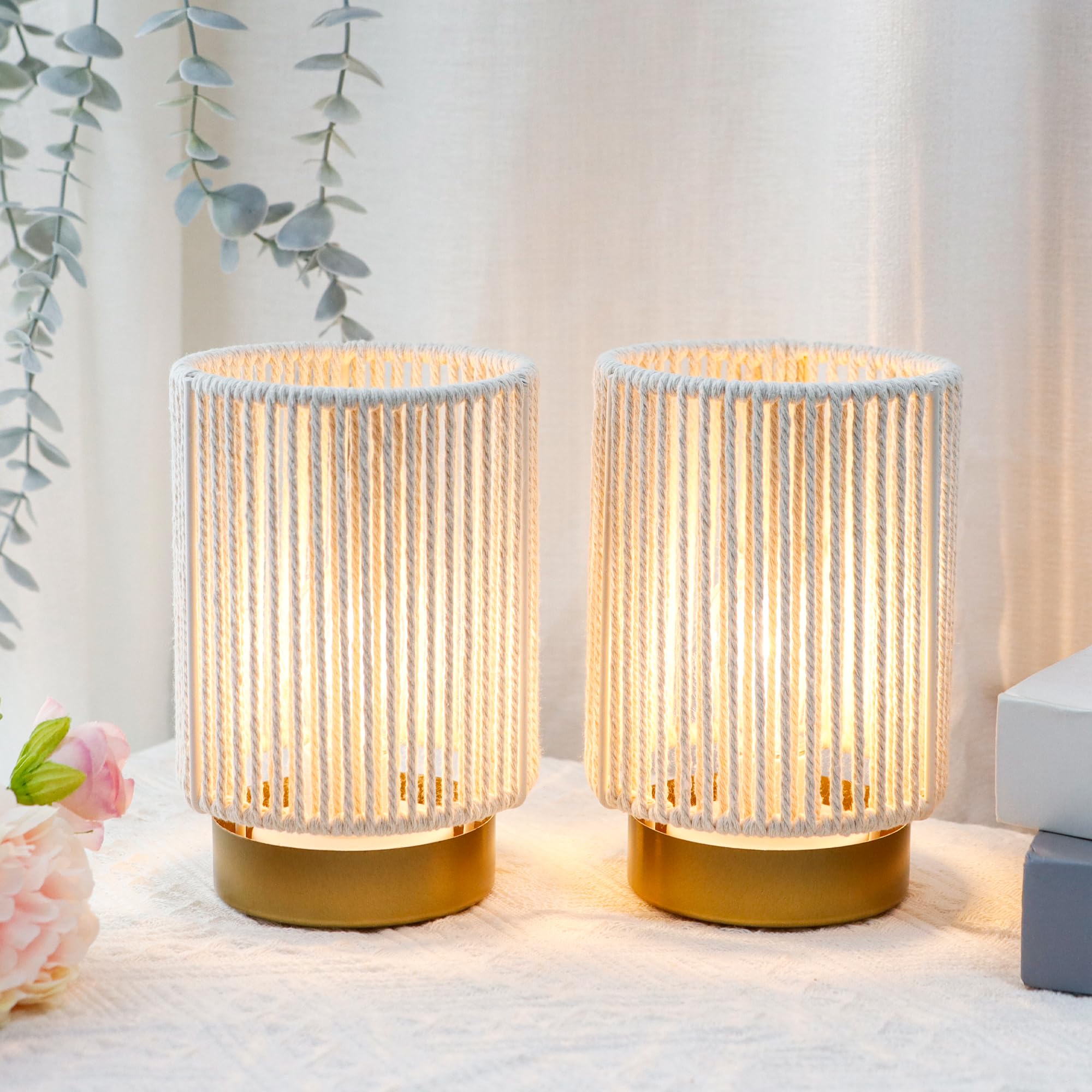 JHY DESIGN Set di 2 lampade da tavolo in corda di cotone intrecciato, altezza 17 cm, funzionamento a batteria, con timer di 6 ore accanto alle lanterne, ideale per soggiorno, camera da letto