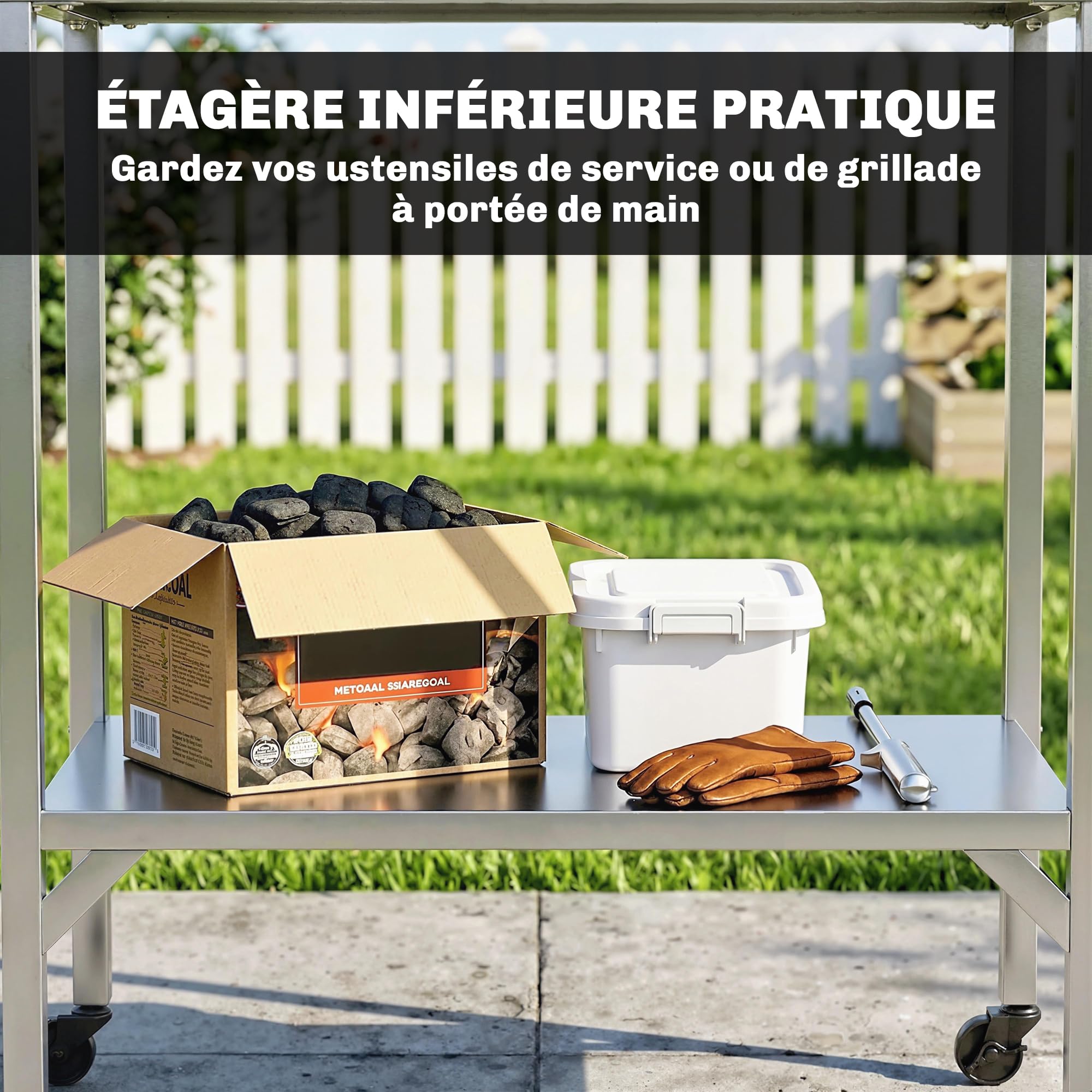Outsunny Chariot de Barbecue en Acier Inoxydable - Table de Préparation Extérieur de 85x60cm avec Plan de Travail et roulettes - Desserte de Jardin Stable pour Four à Pizza et Grill, Argenté