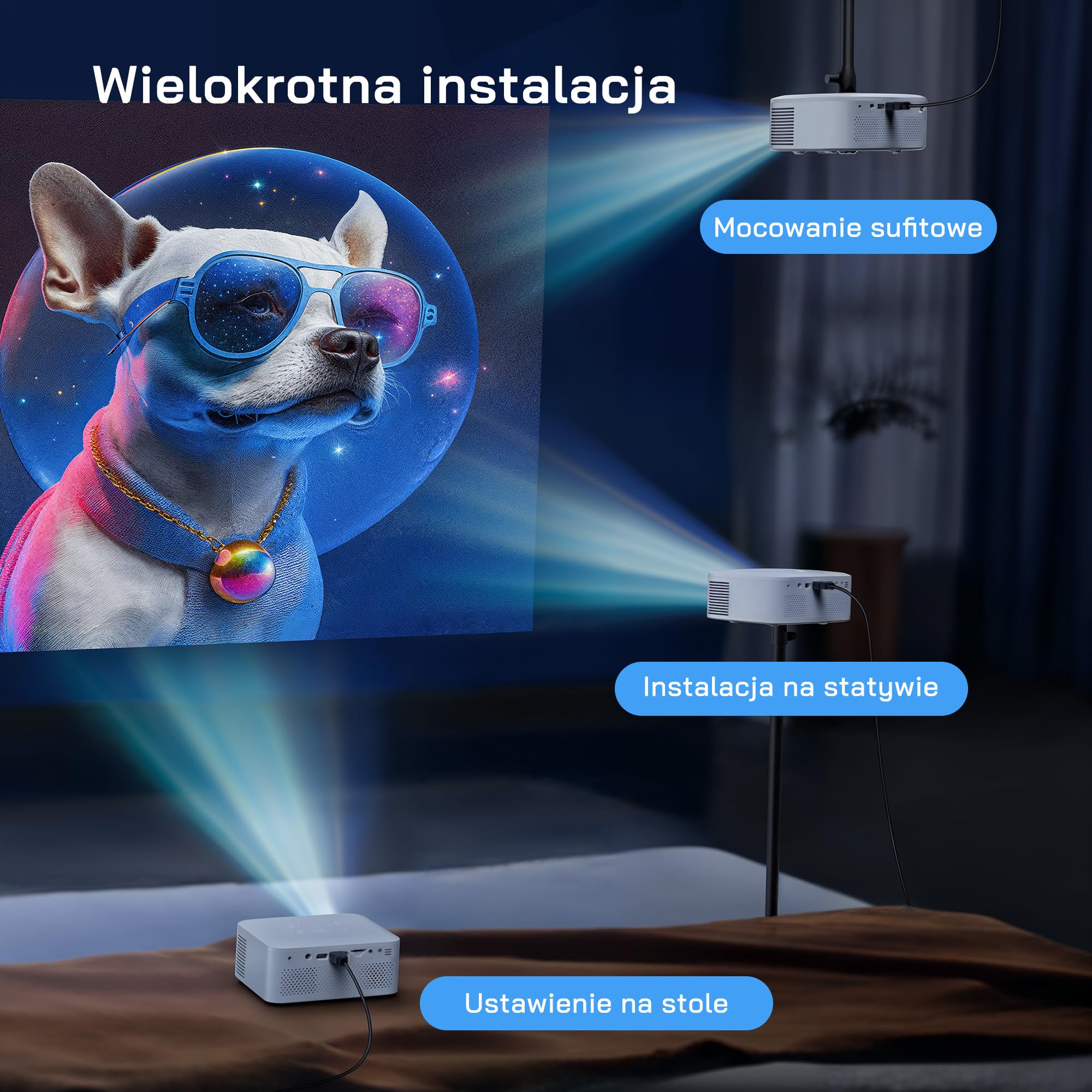 WOLFANG Mini projektor, ulepszony 1080P Full HD przenośny projektor telefoniczny, zewnętrzny projektor kina domowego kompatybilny z HDMI, USB, smartfonem, tabletem, komputerem, TV Stick, AV, kartą Mic