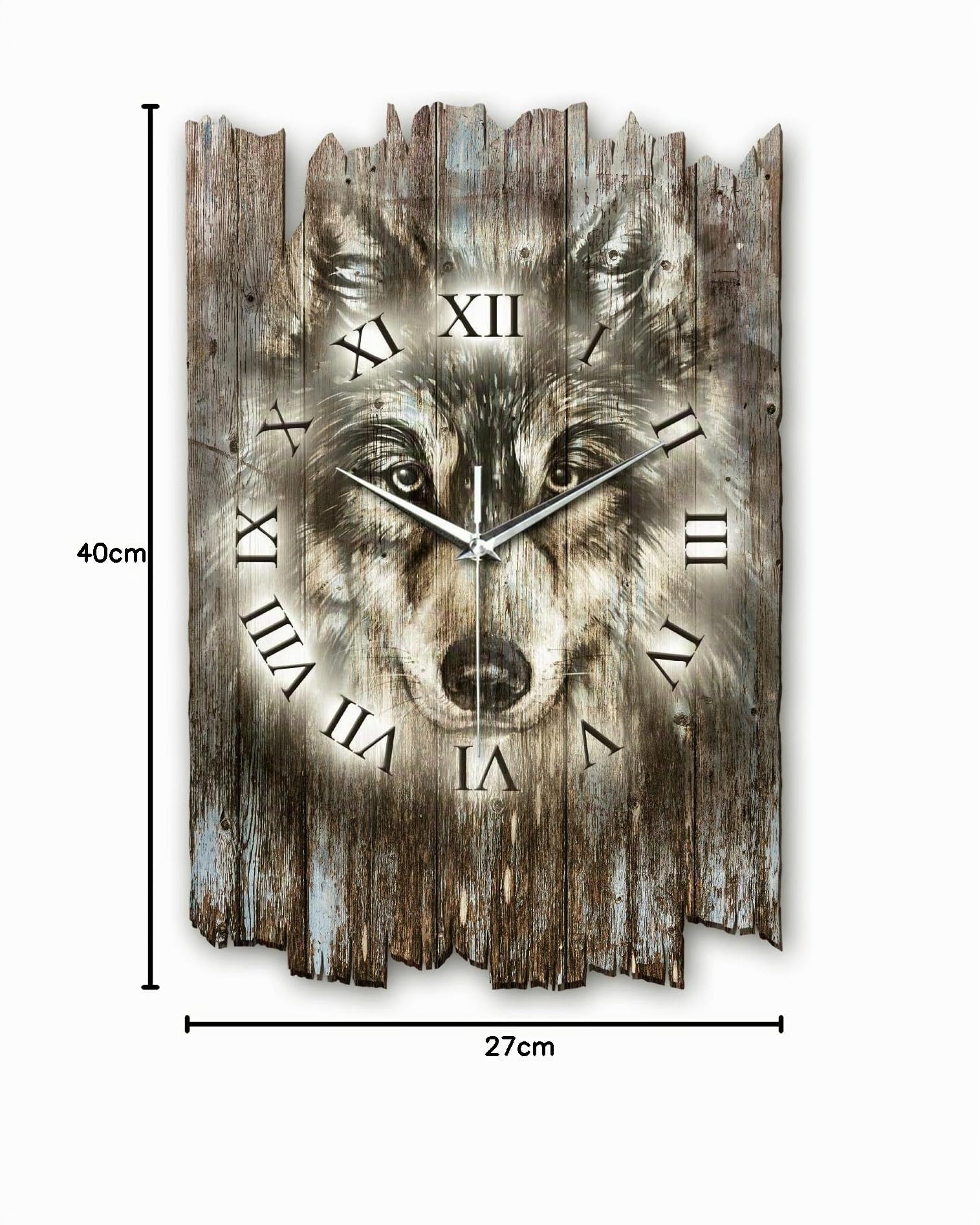 Kreative Feder Designer Wanduhr „Wolf“ aus Holz 40x27cm im Shabby Style Design - Designeruhr mit flüsterleisem Uhrwerk ohne Ticken (Wolf, leises Funkuhrwerk)