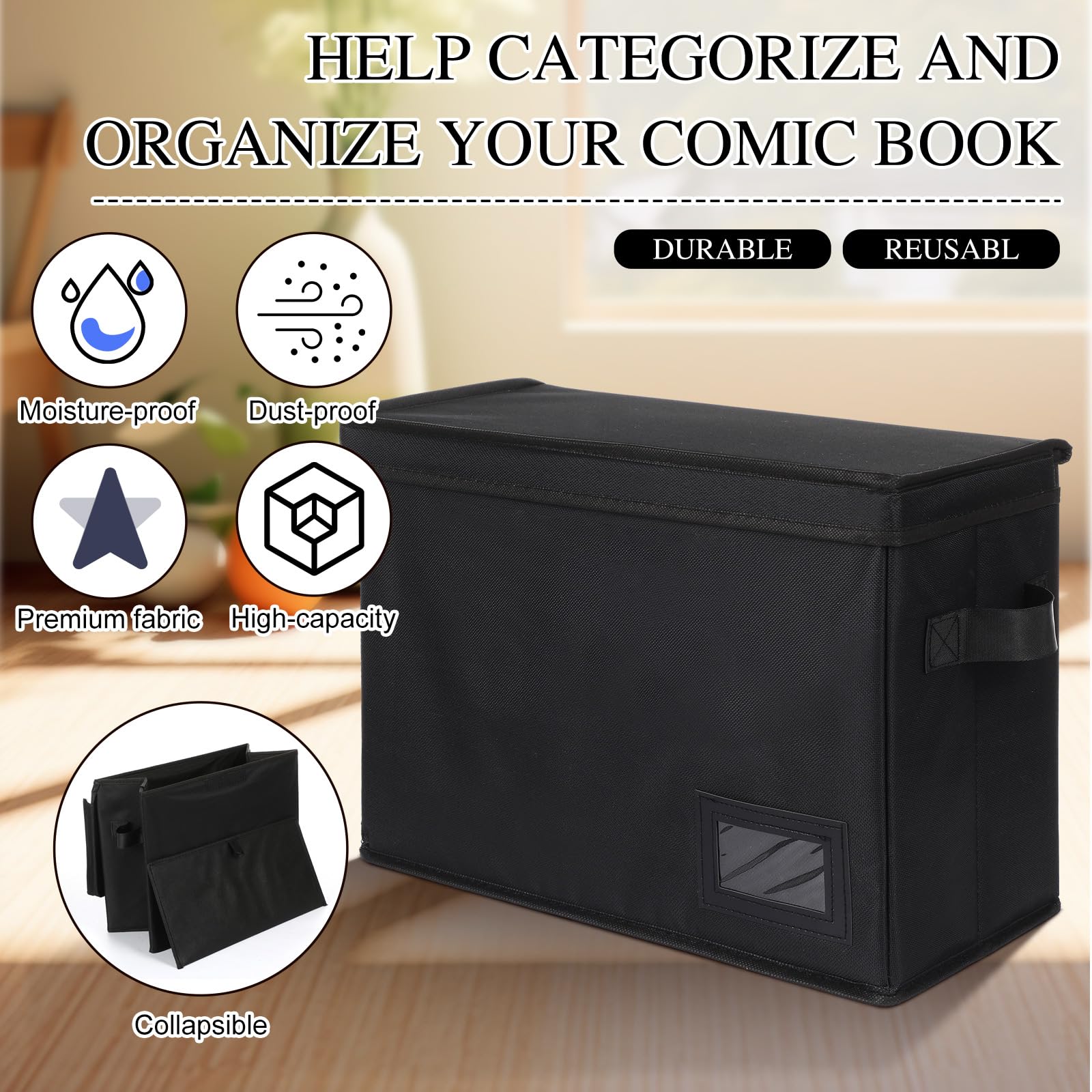 Lincia Comicbuch-Aufbewahrungsbox mit 20 Trennwänden, 39,1 x 19,1 x 29 cm, zusammenklappbar mit Griffen, Comic-Kurzbox für 150–180 Comics Comics